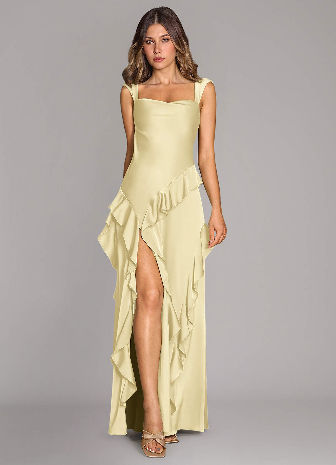 high low hem bridesmaid dresses Keilani Trendy Ruched Short Sleeves High Low Chiffon Bridesmaid Dresses, Champagne main image 0