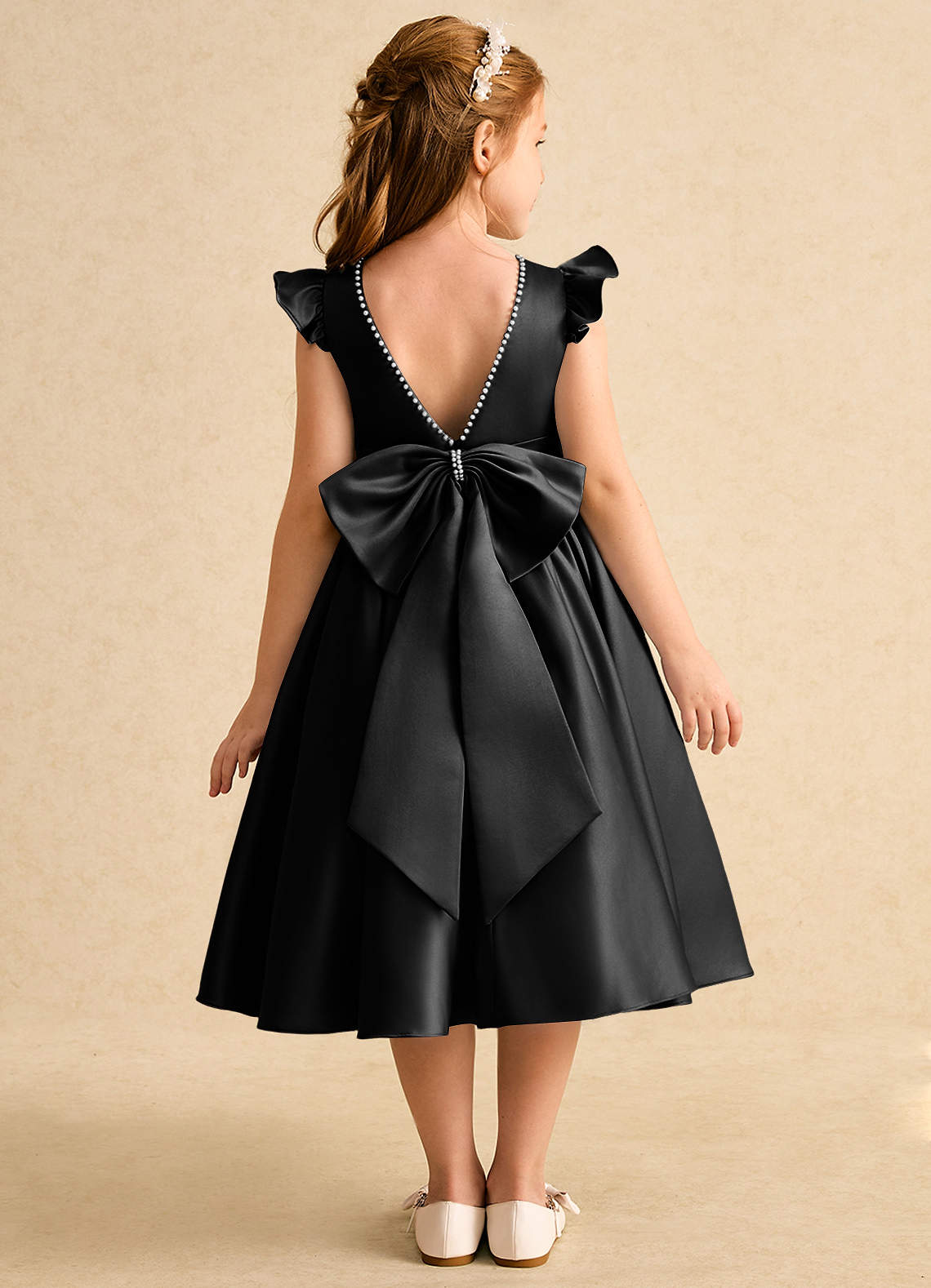 Azazie Dumpling Flower Girl Dresses Black A-Line Bow Matte Satin Dress image1