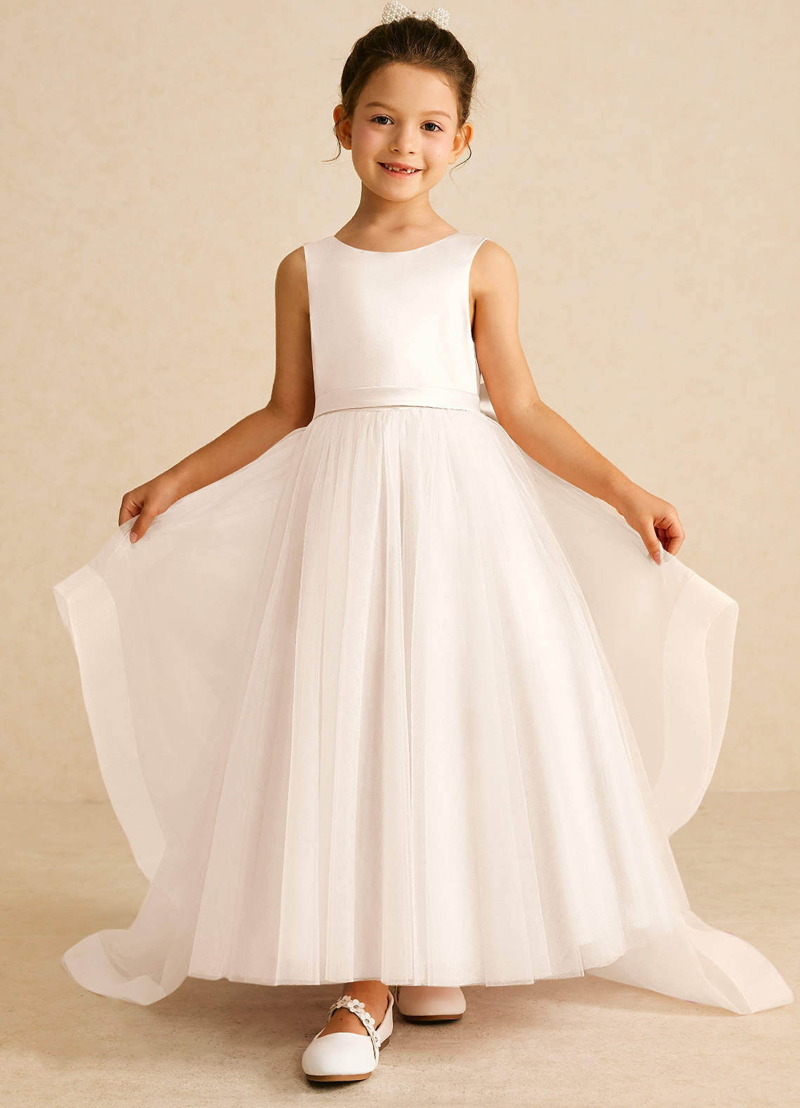 Azazie Pumpkin Flower Girl Dresses White Alabaster A-Line Bow Tulle Dress image1