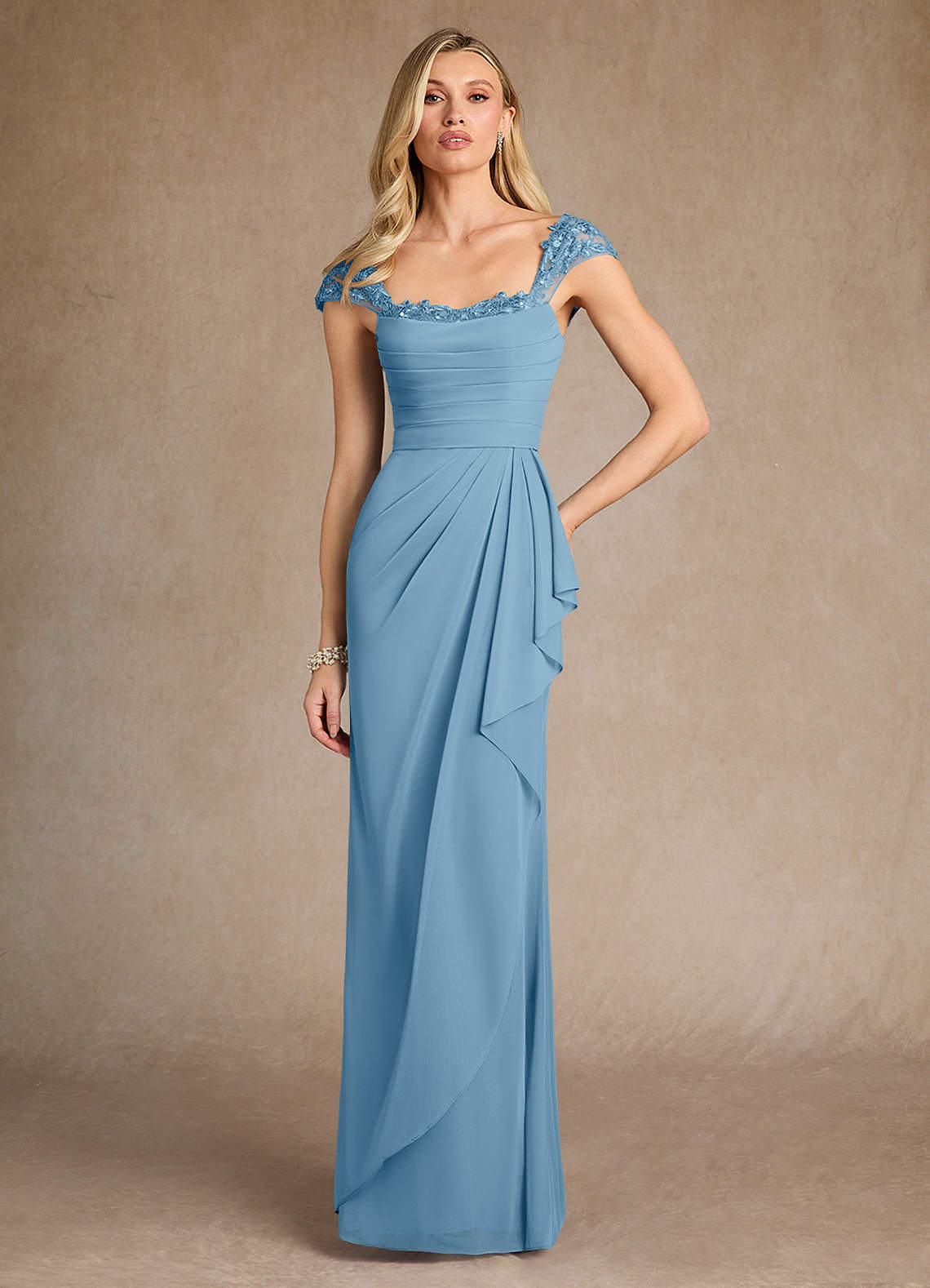 Azazie Belfast Mother of the Bride Dresses Steel Blue Sheath Lace Mesh Dress image1