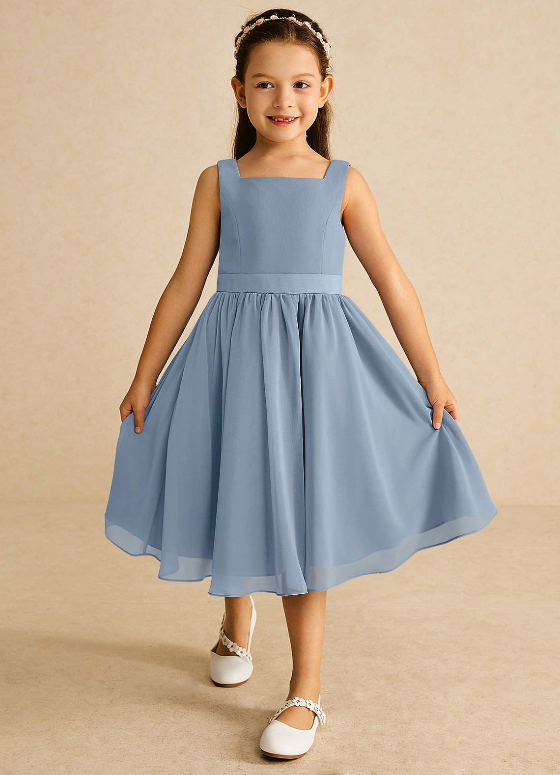 Azazie Ari Flower Girl Dresses Dusty Blue A-Line Sleeveless Chiffon Dress image1