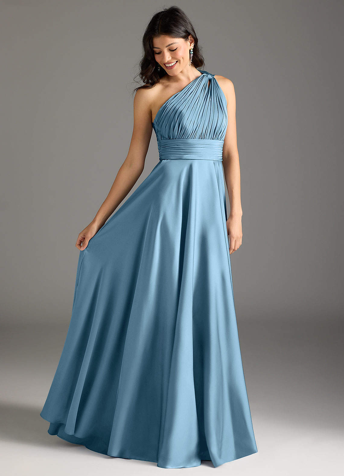 Azazie Charlize Vestidos de damas de honor Vestido de Azul Acero de Satén Elástico de Corte en A con Hombro unilateral image1
