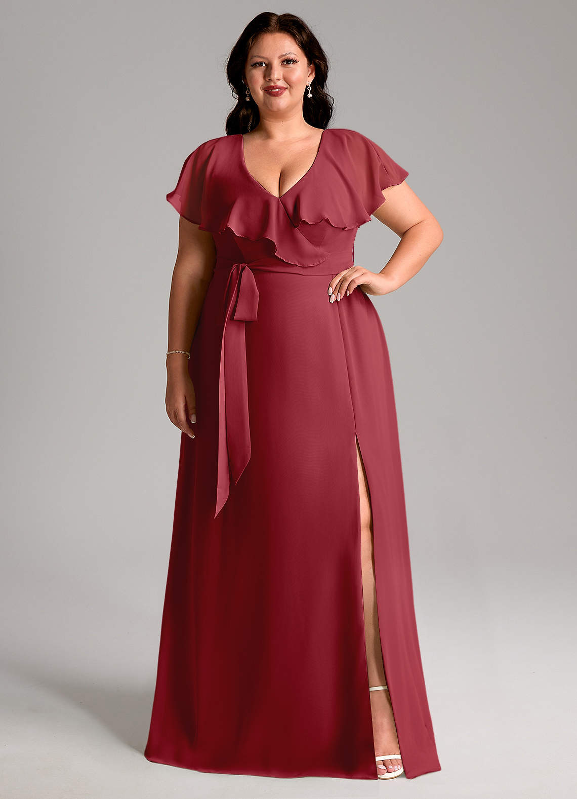 Azazie Lainey Bridesmaid Dresses Pomegranate A-Line with Pockets Chiffon Dress image1