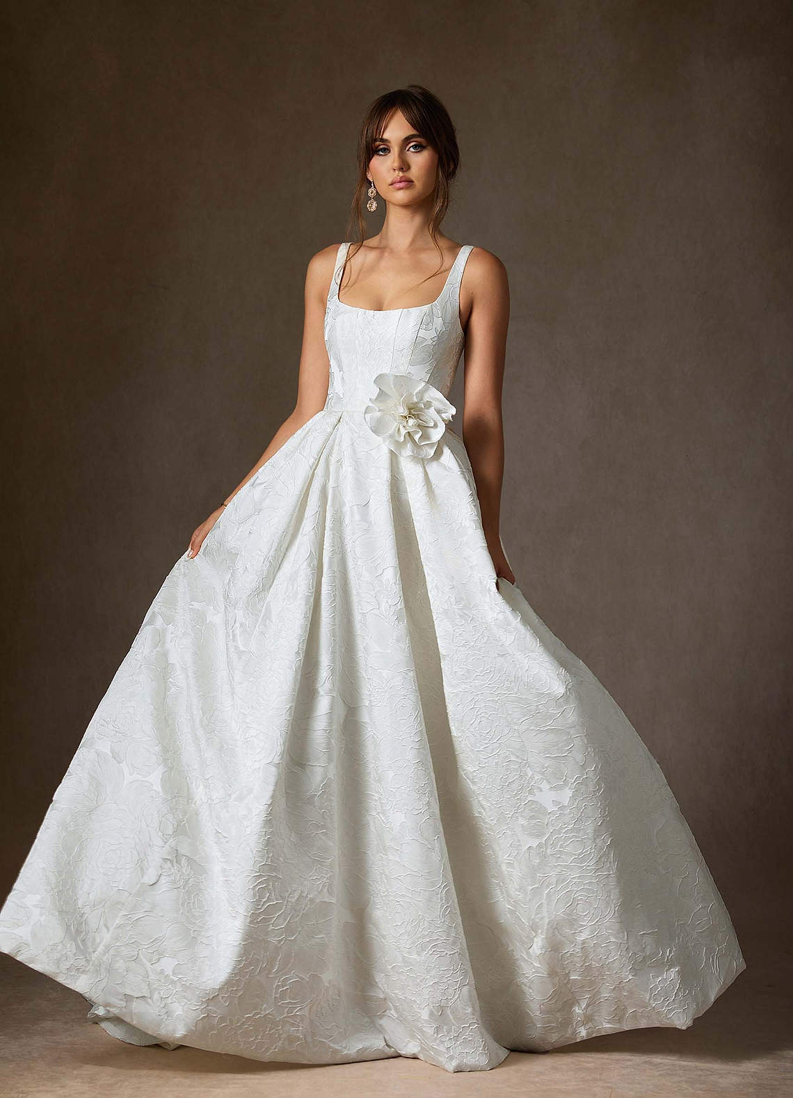 Azazie Ruby Wedding Dresses Diamond White Ball-Gown with Pockets Floral Jacquard Dress image2