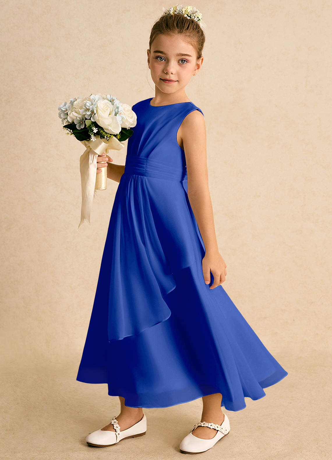 Azazie Edelweiss Robe Trapèze en Mousseline de soie Plissée Bleu