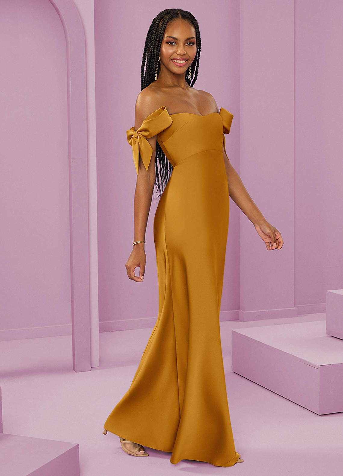 Barbie ♥ Azazie Bridesmaid Dresses Butterscotch Sheath Off the Shoulder Stretch Satin Convertible Dress image1