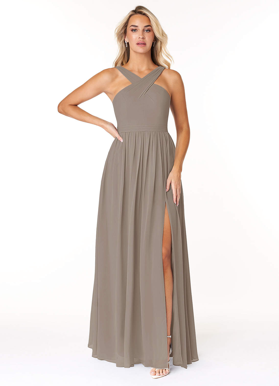 Azazie Elvira Bridesmaid Dresses Taupe A-Line Pleated Chiffon Dress image1
