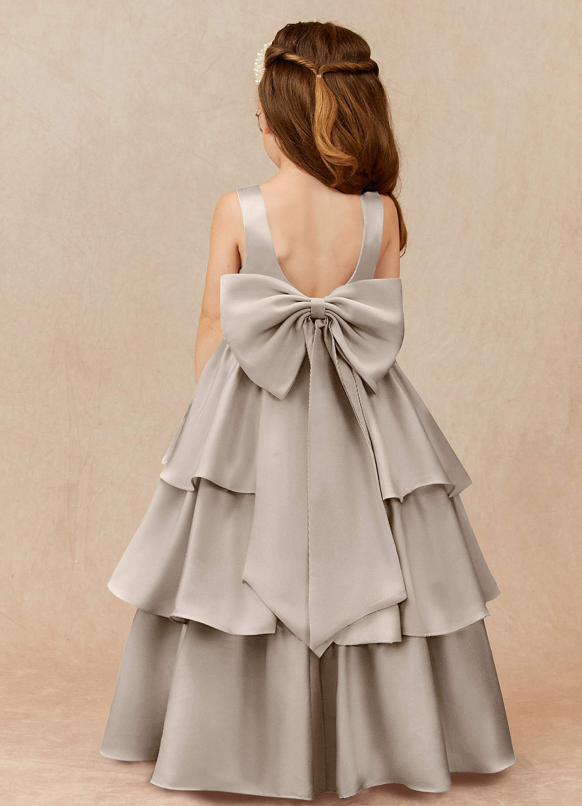 Azazie Margie Flower Girl Dresses Frost A-Line Bow Stretch Satin Dress image1
