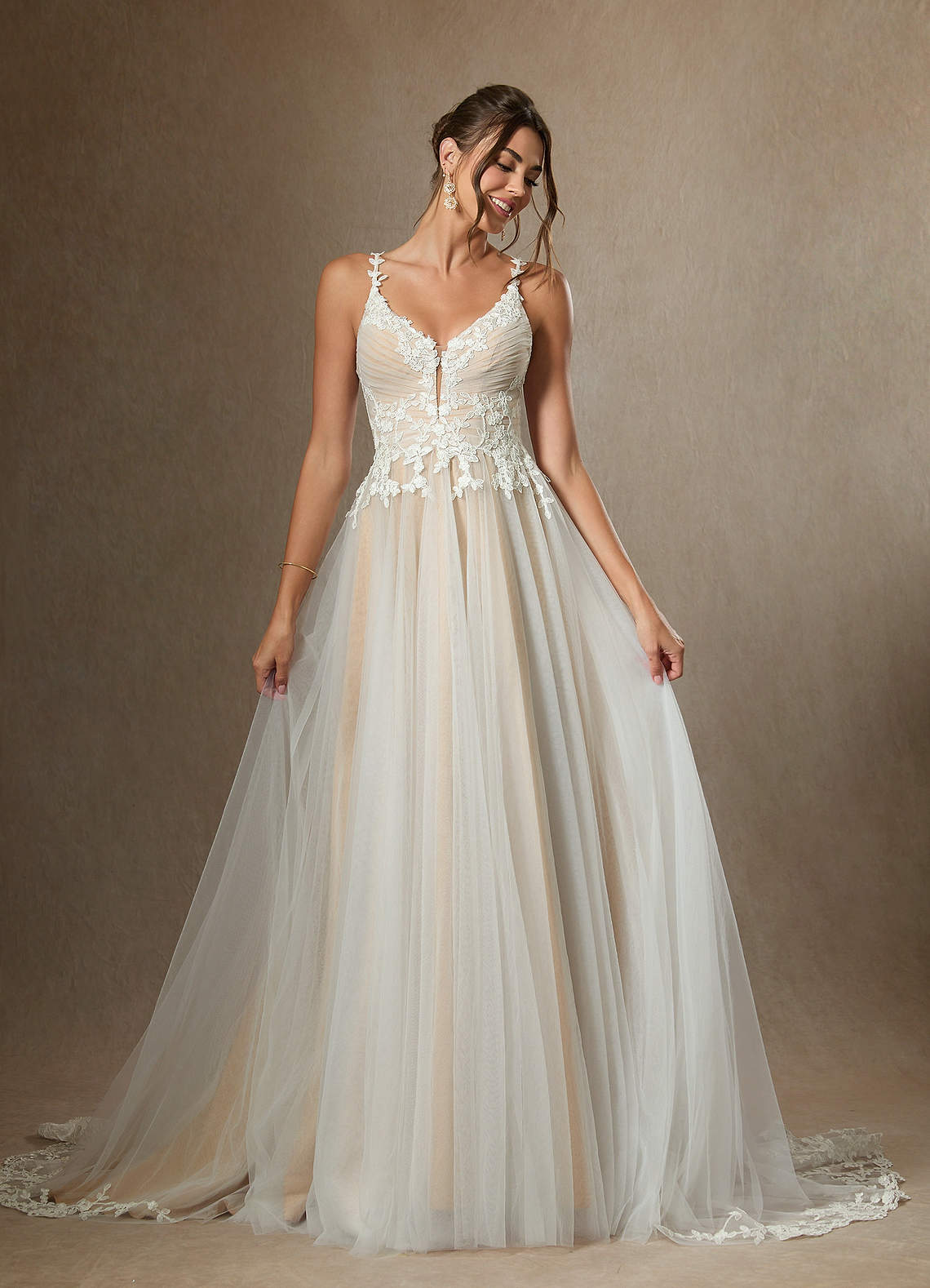 Azazie Devi Wedding Dresses Diamond White Champagne A-Line V-Neck Lace Tulle Dress image4