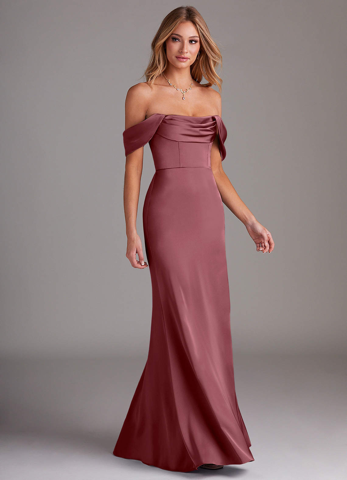 Azazie Saige Bridesmaid Dresses Desert Rose Sheath Off the Shoulder Stretch Satin Dress image5