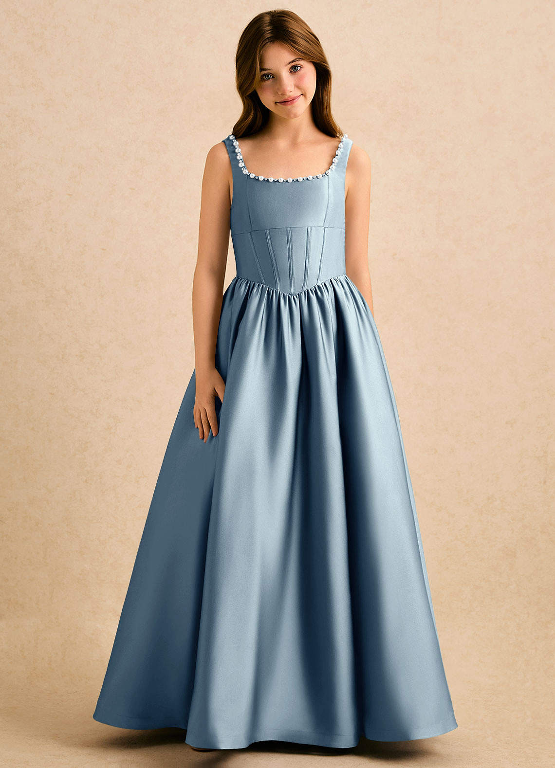 Azazie Enid Girls Formal Kukkatyttöjen mekot A-linja Helmillä koristeltu Joustava satiini Lattian pituus Mekko image4