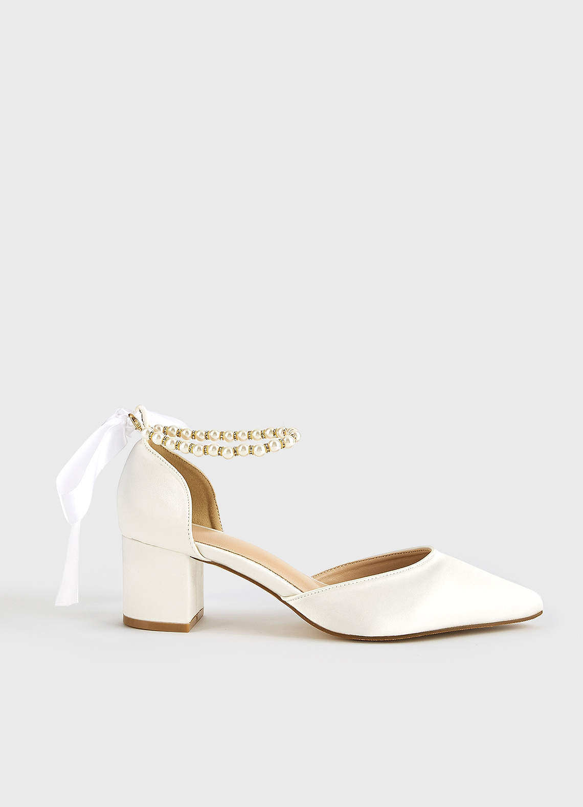 Closed Toe Bow Block Heel Block Heel Bow Shoes White Satin Pearl