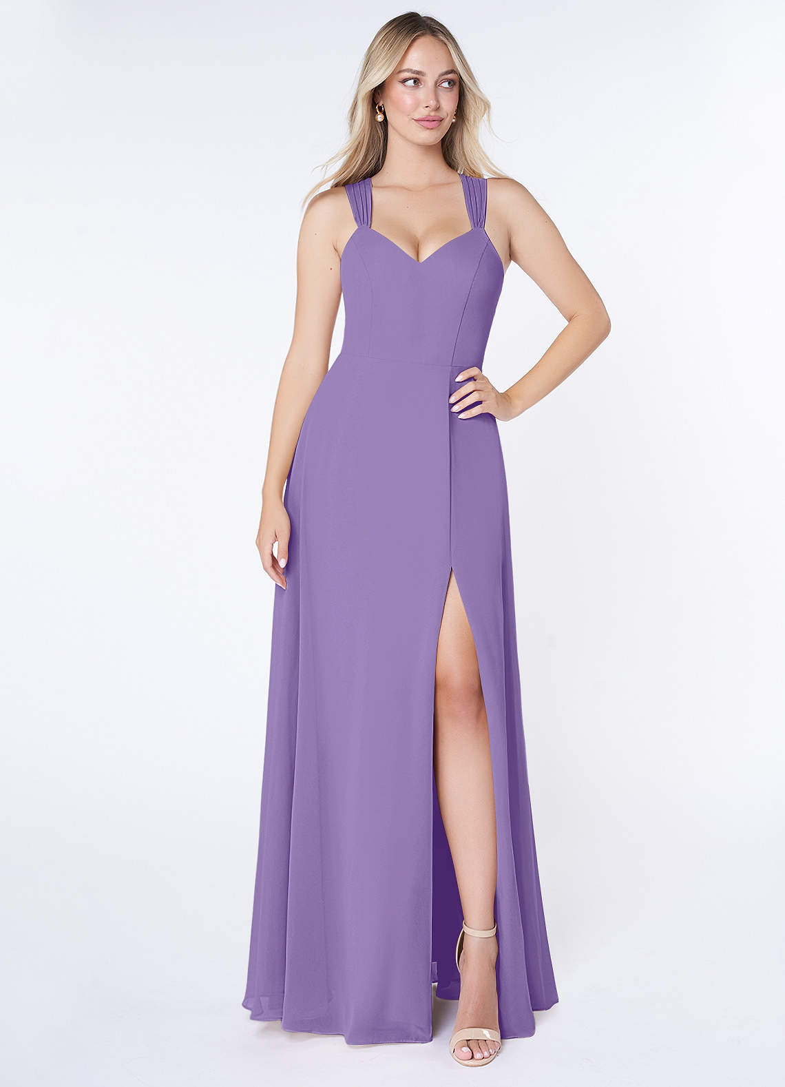 Azazie Jane Vestidos de damas de honor Vestido de Tahití de Gasa de Corte en A con Cuello en V plisado image1