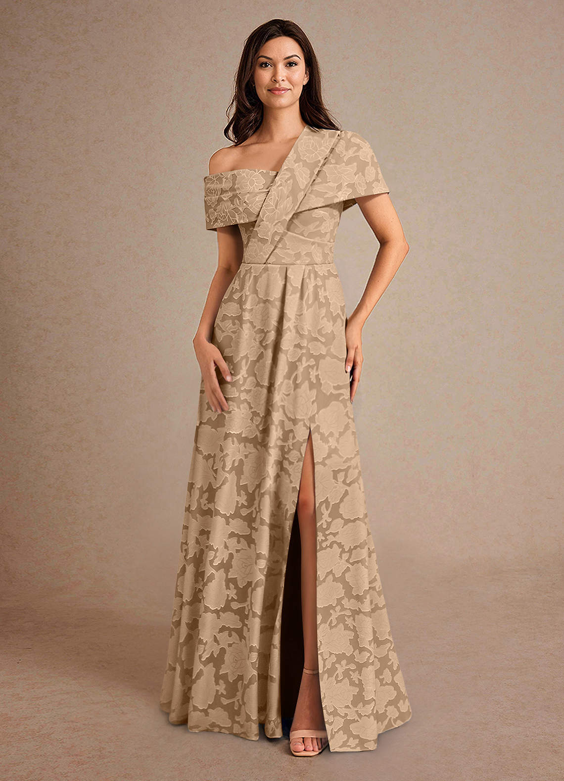 Azazie Milton Mother of the Bride Dresses Champagne A-Line Pleated Floral Burnout Dress image3