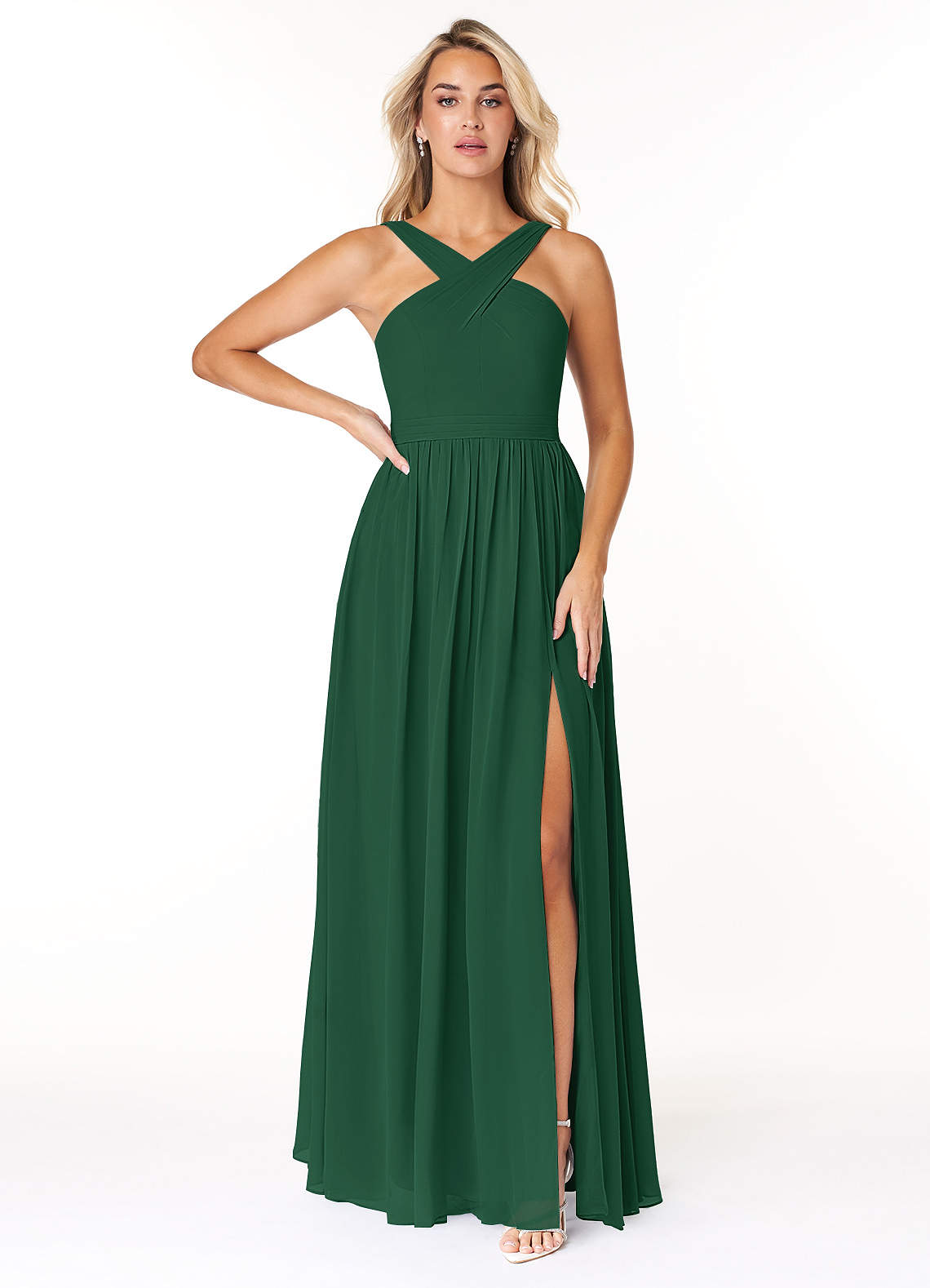 Azazie Elvira Bridesmaid Dresses Dark Green A-Line Pleated Chiffon Dress image1