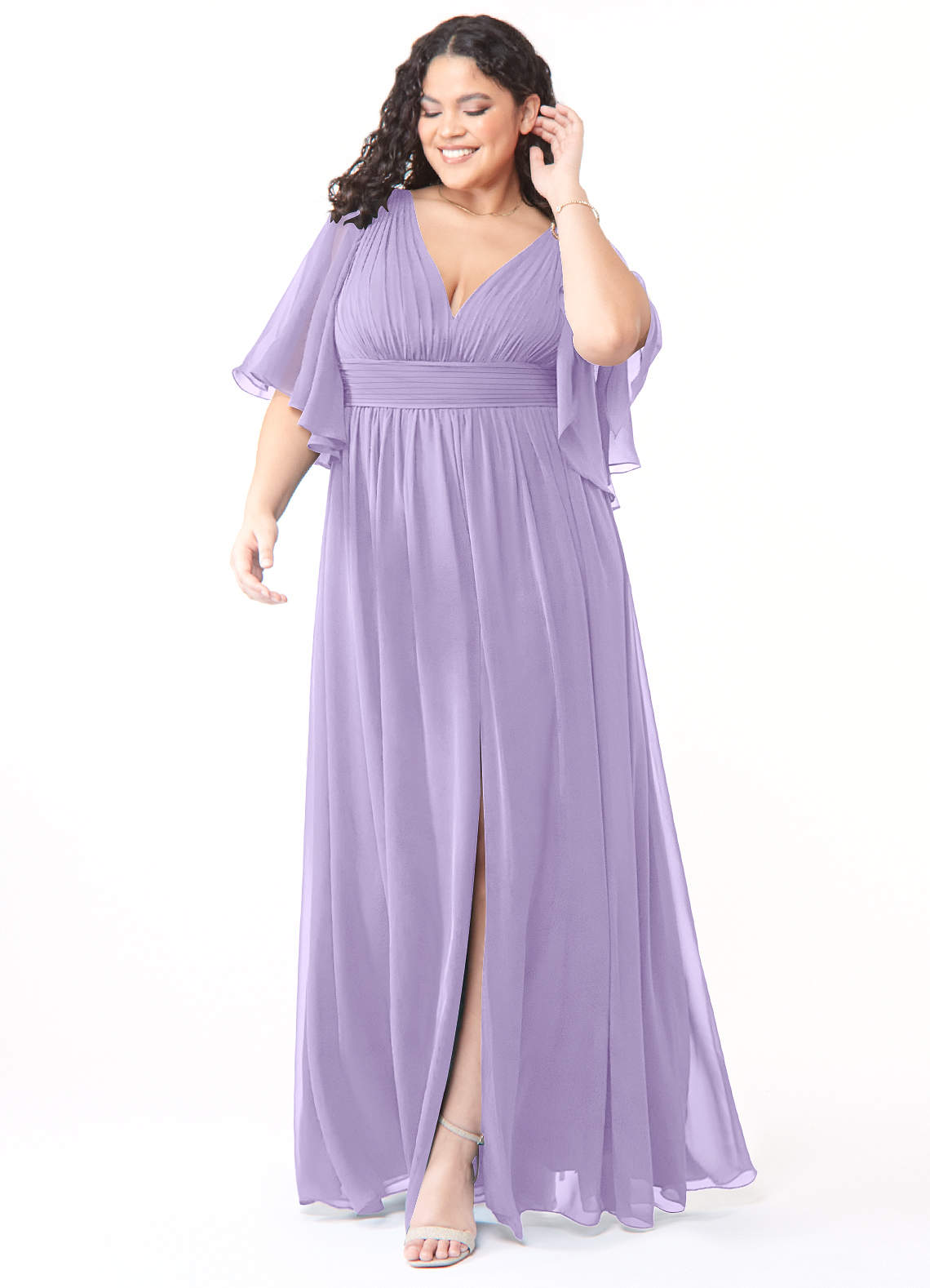 Azazie Temeka Robes de demoiselle d'honneur Robe Trapèze en Mousseline de soie Rayé Lilas image1