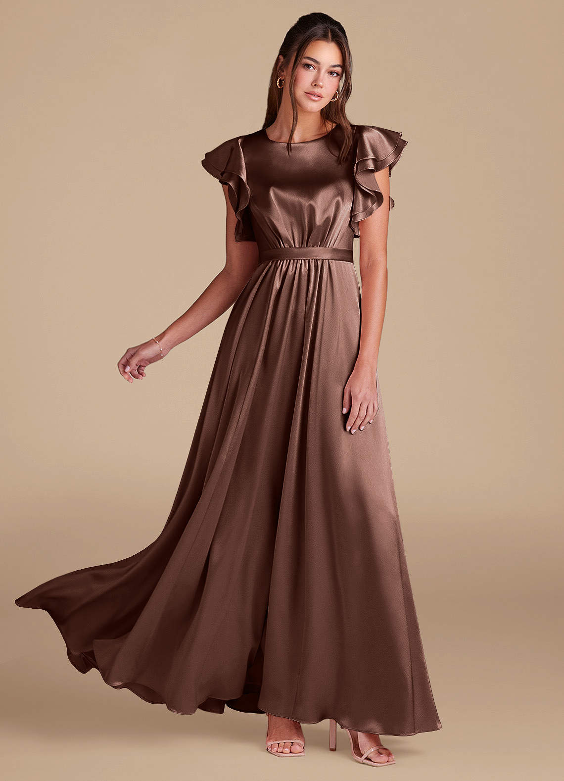 Azazie Daphne Abiti da damigella modesti Abito A-Line Increspato Raso Metallizzato Floor-Length image1
