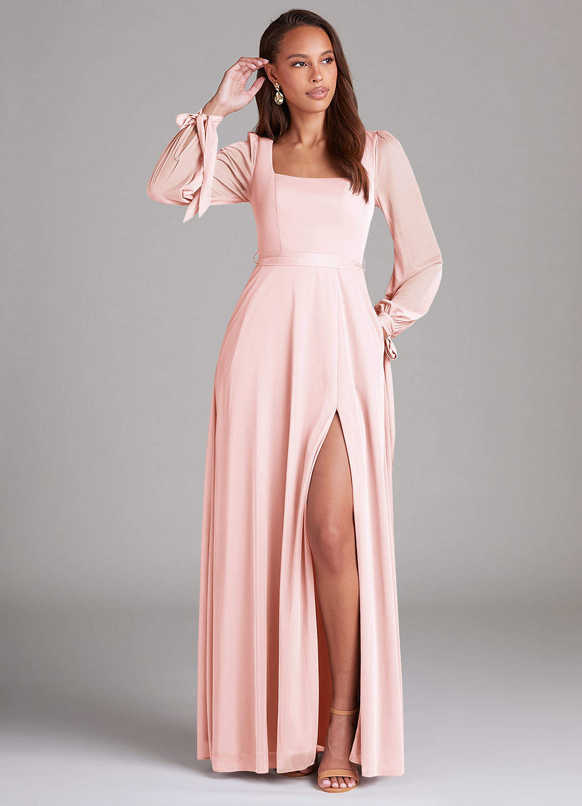 Azazie Leonia Bridesmaid Dresses Blushing Pink A-Line Long Sleeve Mesh Dress image1
