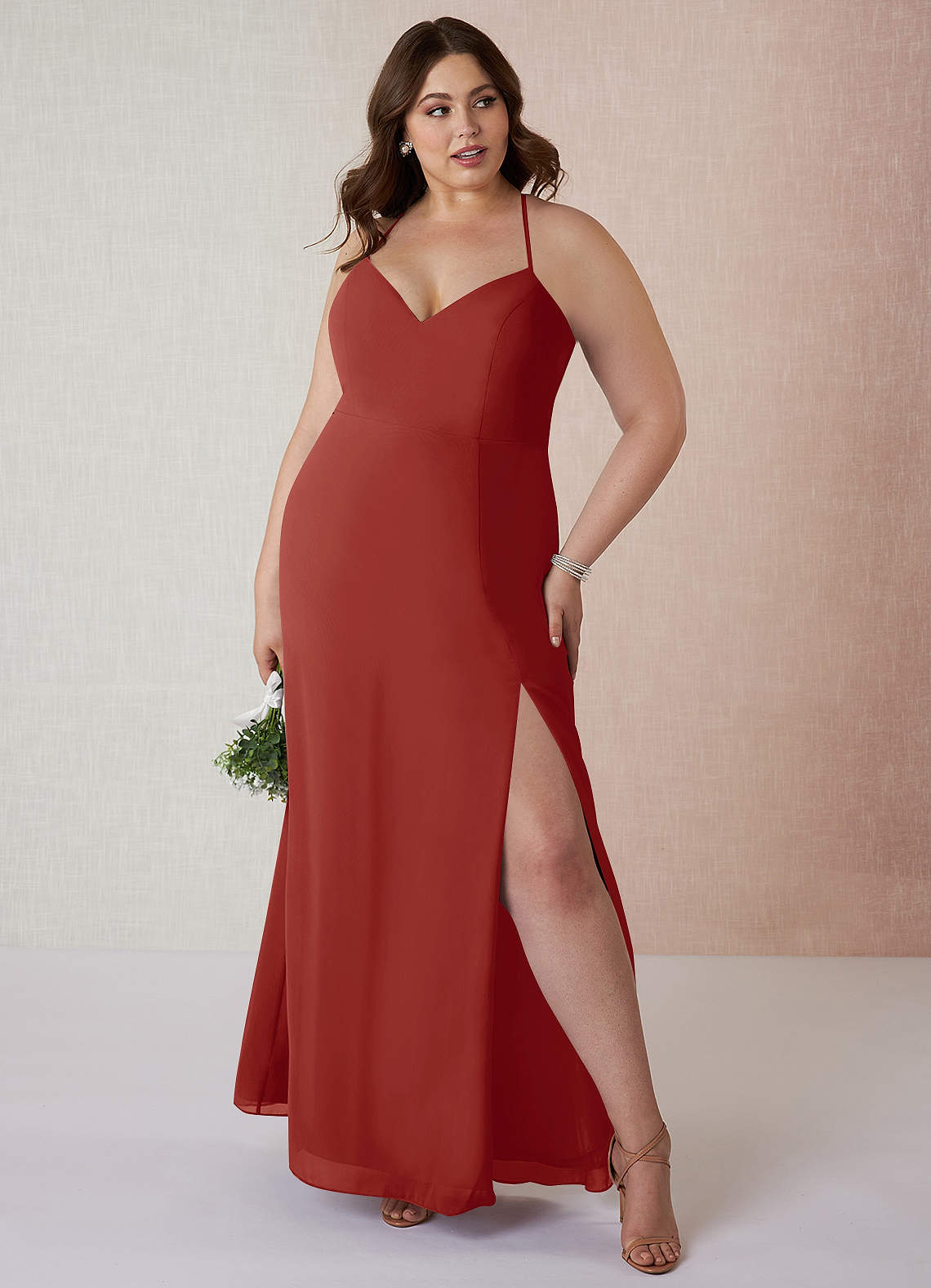 Azazie Manila Vente Finale Robe Fourreau en Mousseline de soie Col en V Terracotta image6