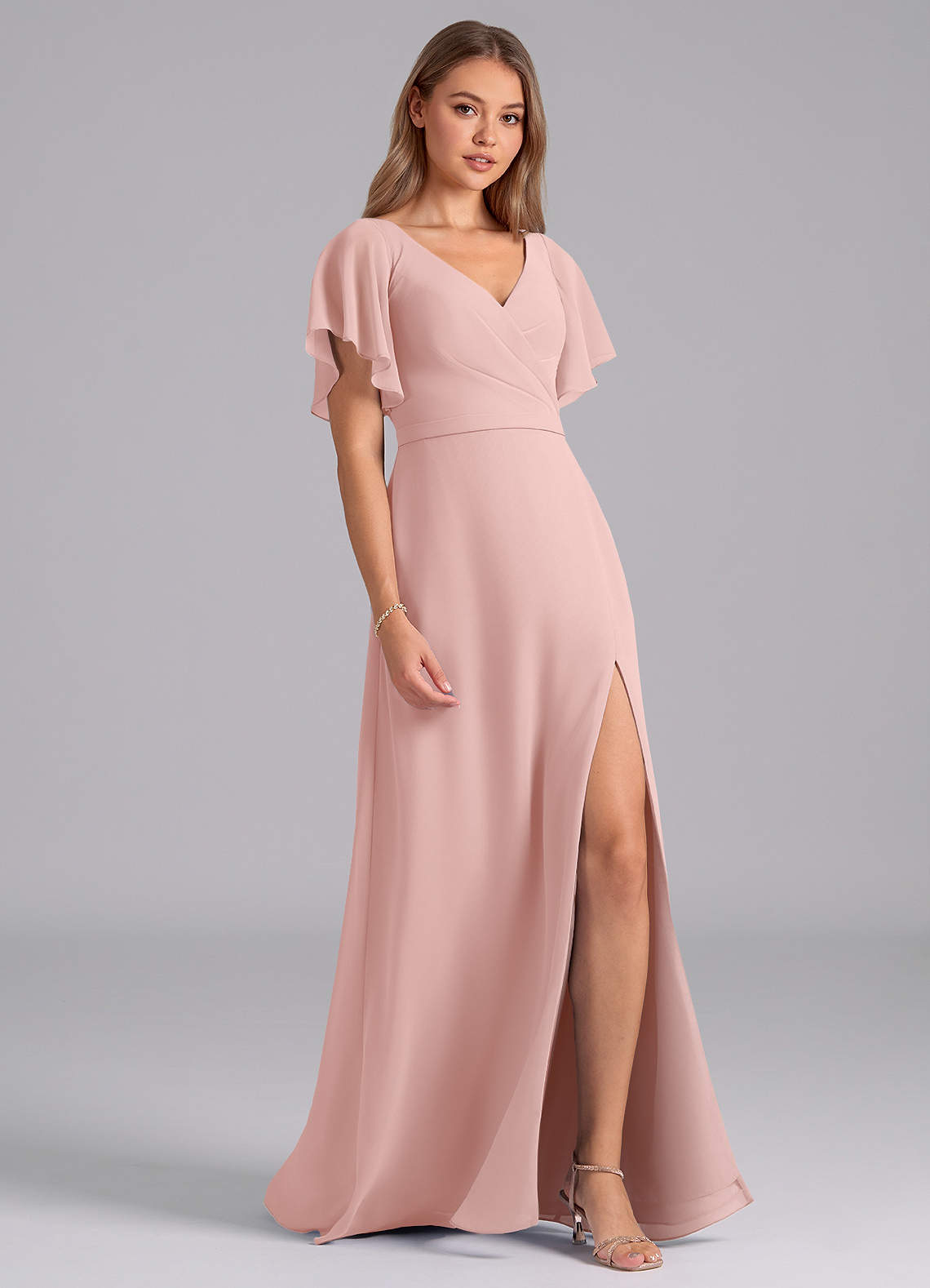 Azazie Ambrosia Bridesmaid Dresses Powder Pink A-Line Pleated Chiffon Dress image4