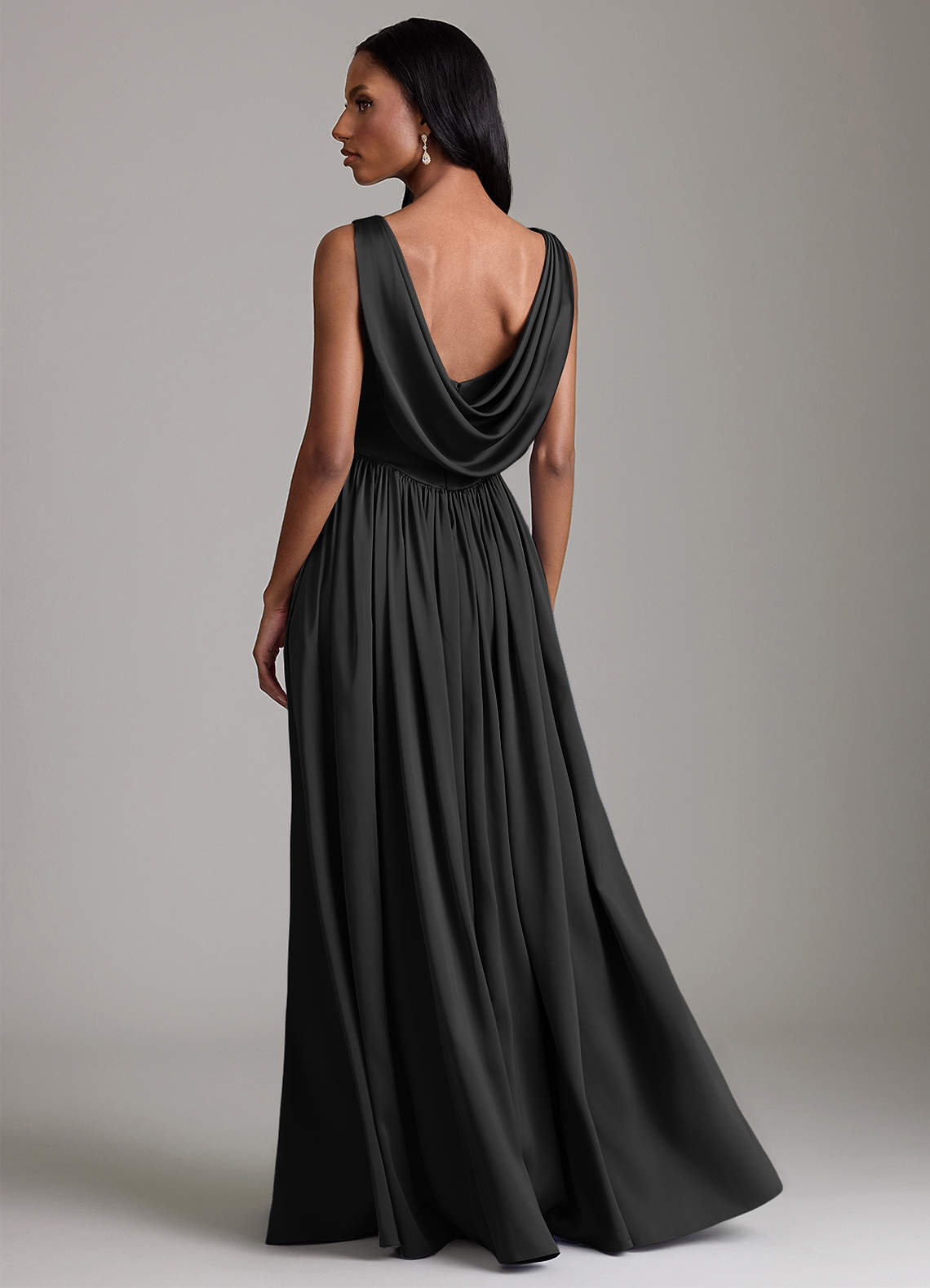 Azazie Novi Bridesmaid Dresses Black A-Line with Pockets Stretch Satin Dress image1