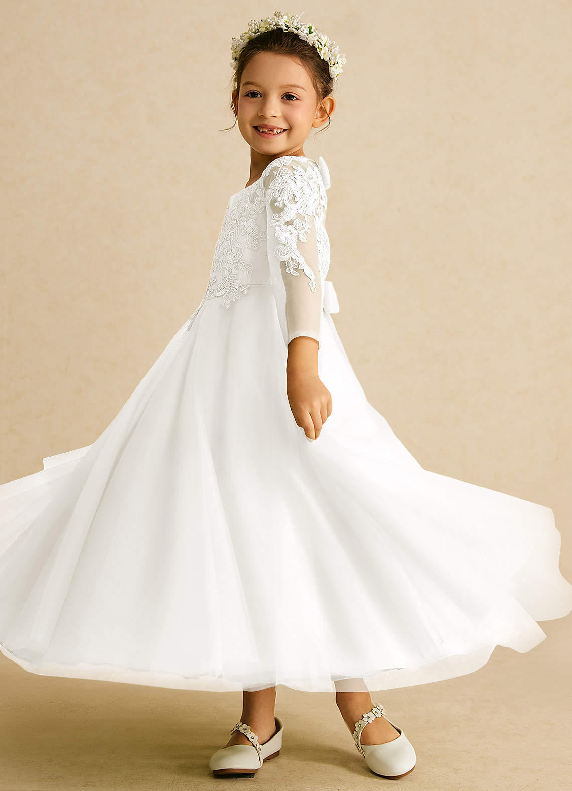 Azazie Precious Flower Girl Dresses Ivory A-Line Lace Tulle Dress image4