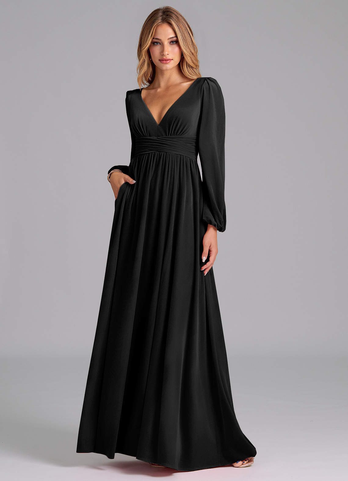 Azazie Norah Bridesmaid Dresses Black A-Line Long Sleeve Velvet Dress image1