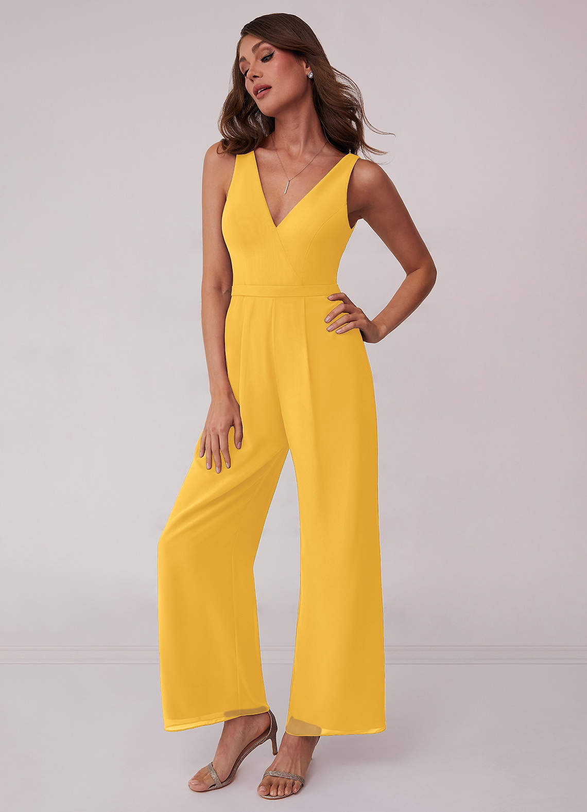 Marigold Shirred V Neck Chiffon Jumpsuit Bridesmaid Dresses Azazie 5839