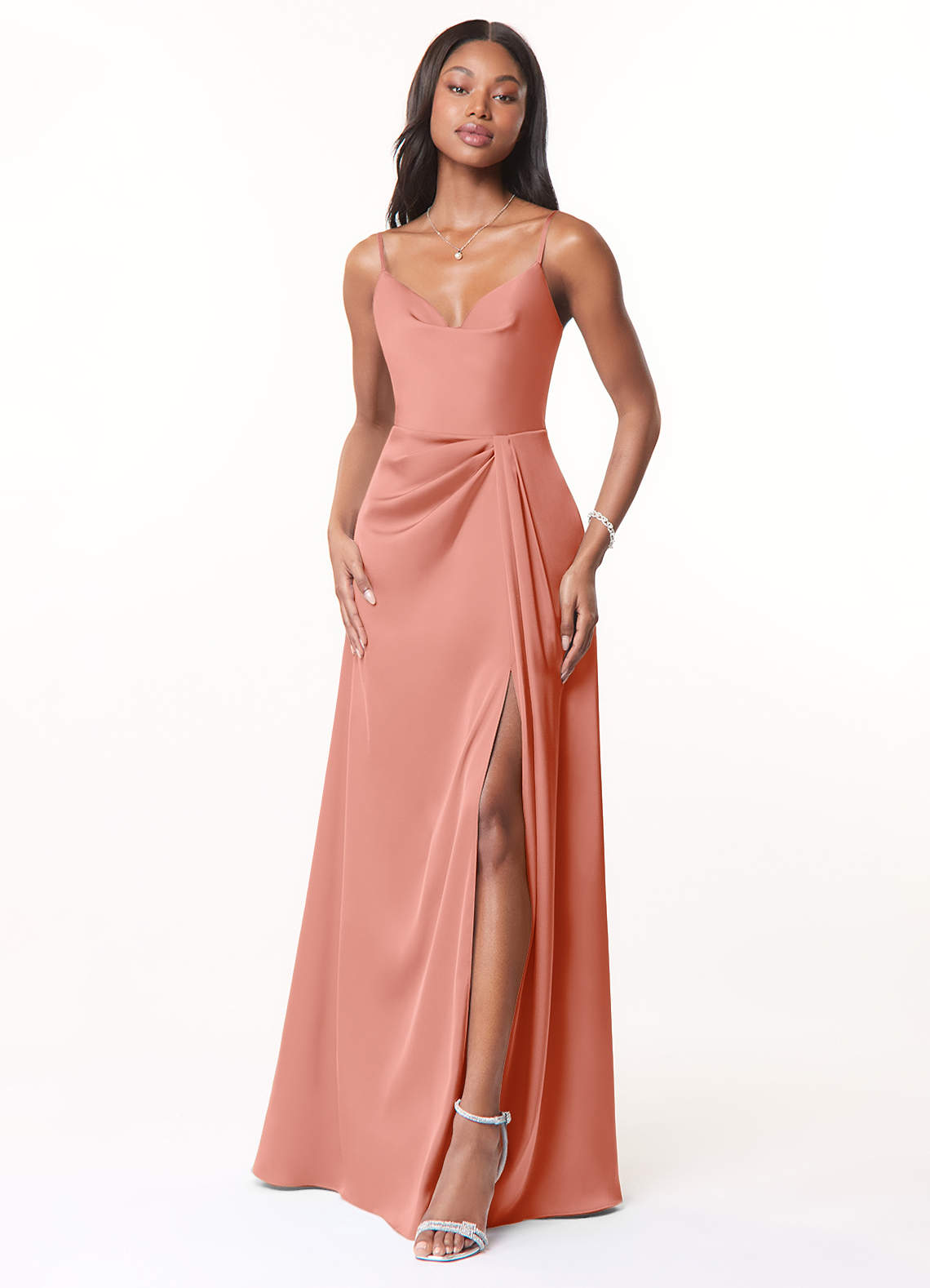 Azazie Brielle Bridesmaid Dresses Coral A-Line Cowl Spaghetti Straps Stretch Satin Dress image1