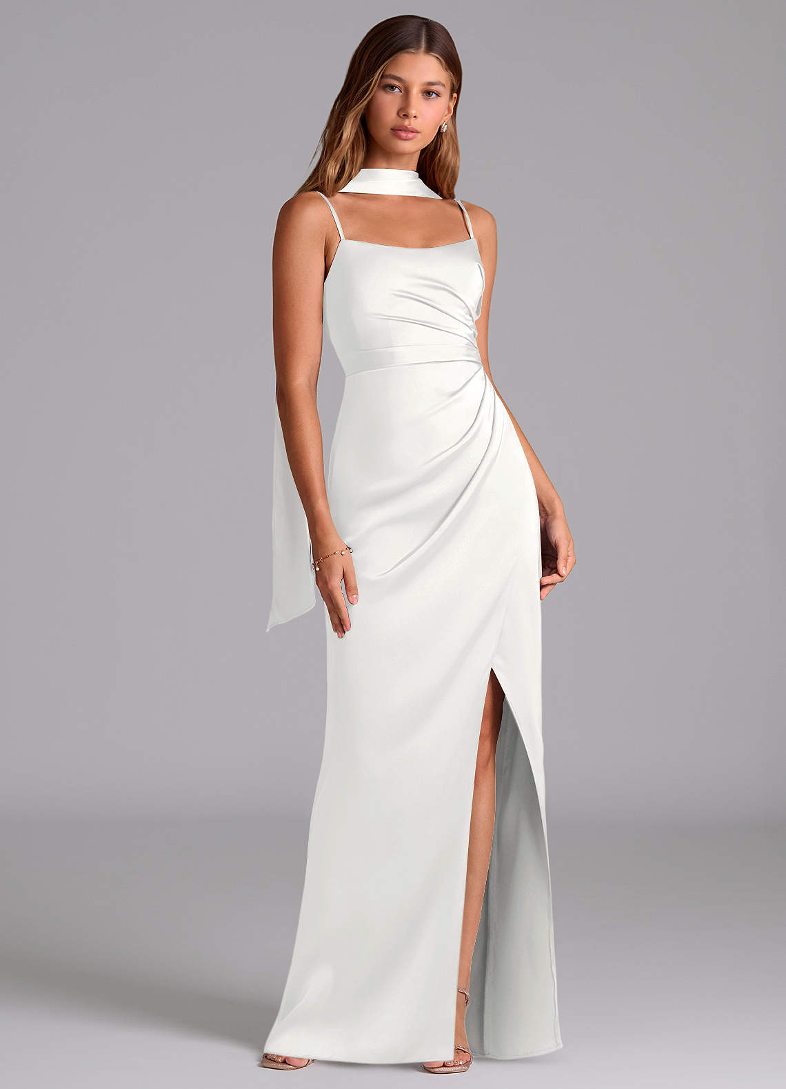 Azazie Calandra Brudtärnklänningar Klä av A-Linje i Stretch Satin Plisserad Vit image1