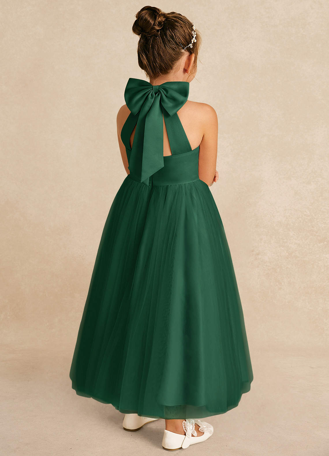 Azazie Bev Flower Girl Dresses Dark Green A-Line Convertible Tulle Dress image5