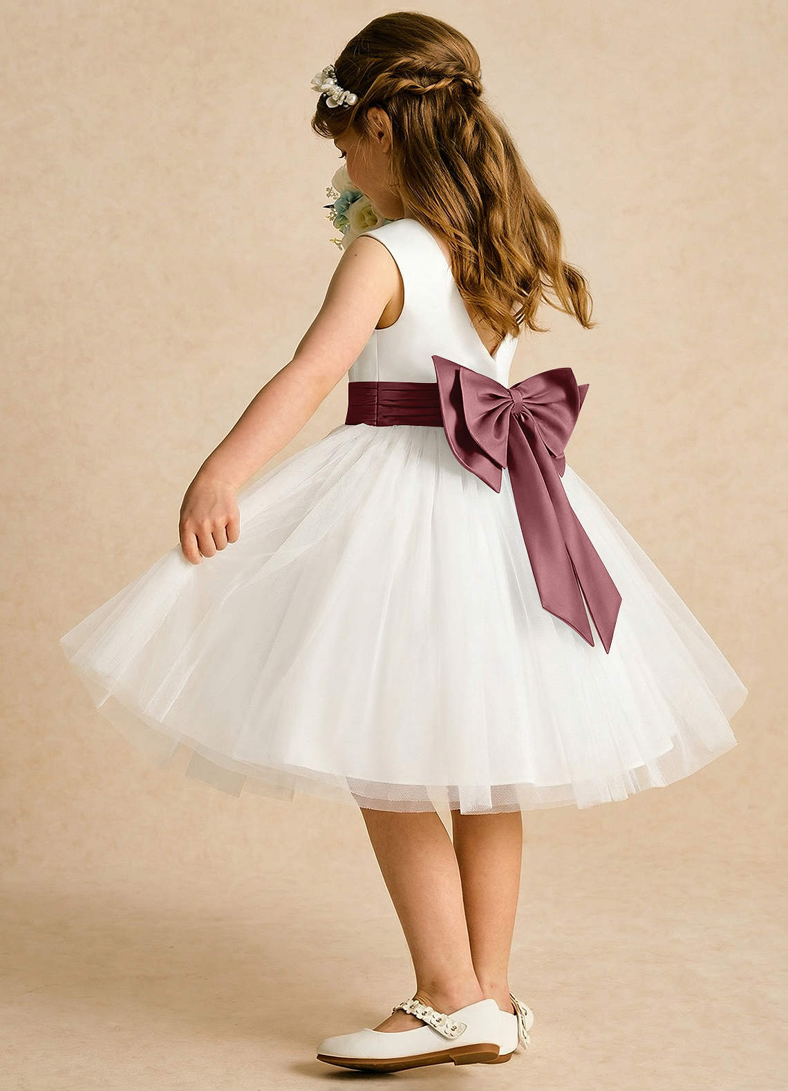 Azazie Sosie Flower Girl Dresses Ivory Desert Rose A-Line Pleated Tulle Dress image3