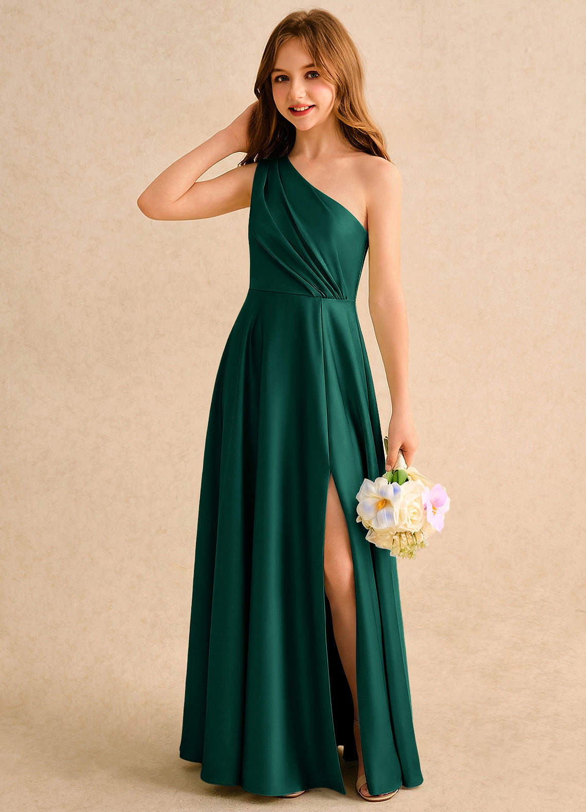 Azazie Puddles Girls Formal Flower Girl Dresses Emerald A-Line One Shoulder Stretch Satin Dress image2