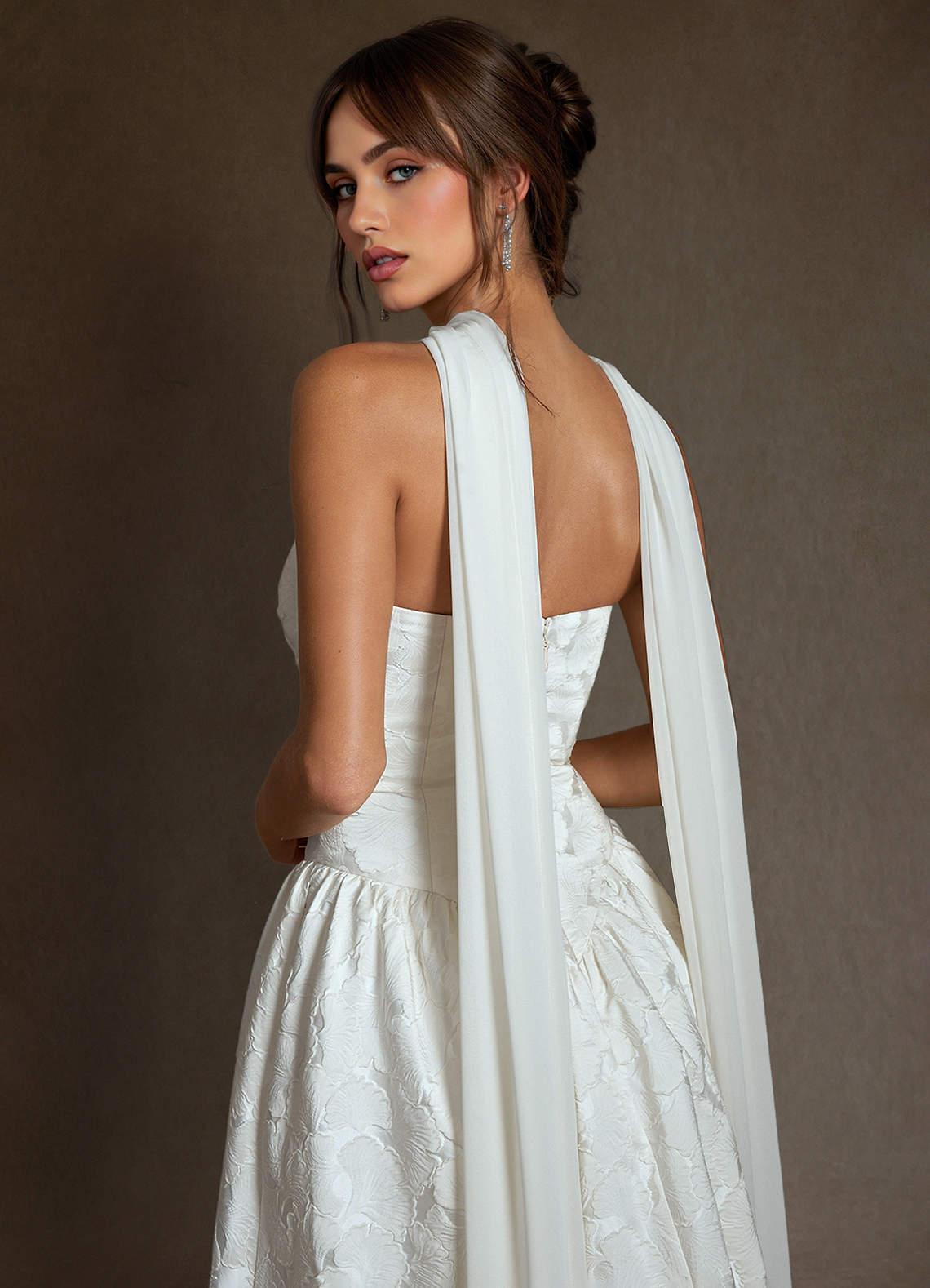 Azazie Devam Wedding Dresses Diamond White A-Line Strapless Floral Jacquard Dress image2