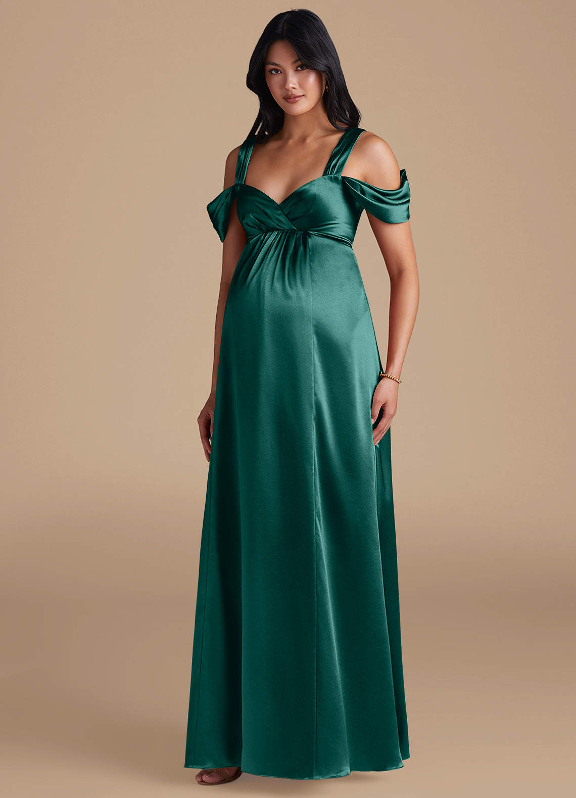Azazie Rhea Maternity Bridesmaid Dresses A-Line Pleated Metallic Satin Floor-Length Dress image1