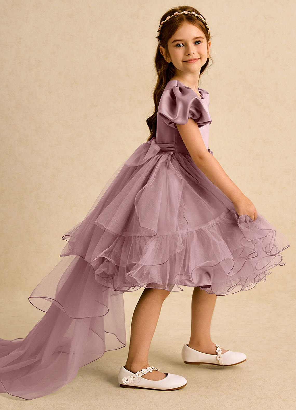 Azazie Cocoa Abiti da Ragazza di Fiori Abito Principessa in Tulle Plissettato Rosa Polverosa image1