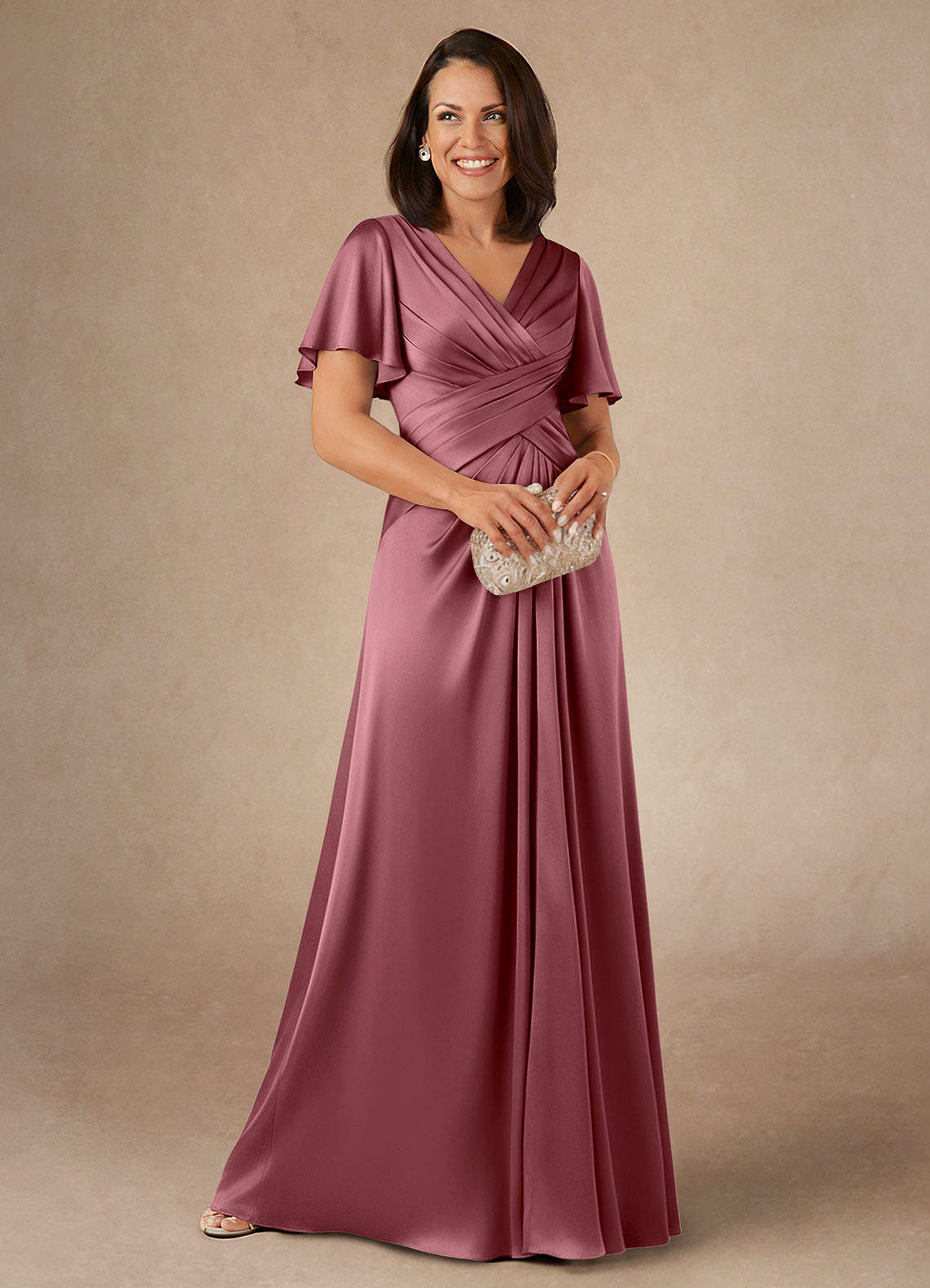Azazie Emmeline Mother of the Bride Dresses Desert Rose A-Line Pleated Stretch Satin Dress image1