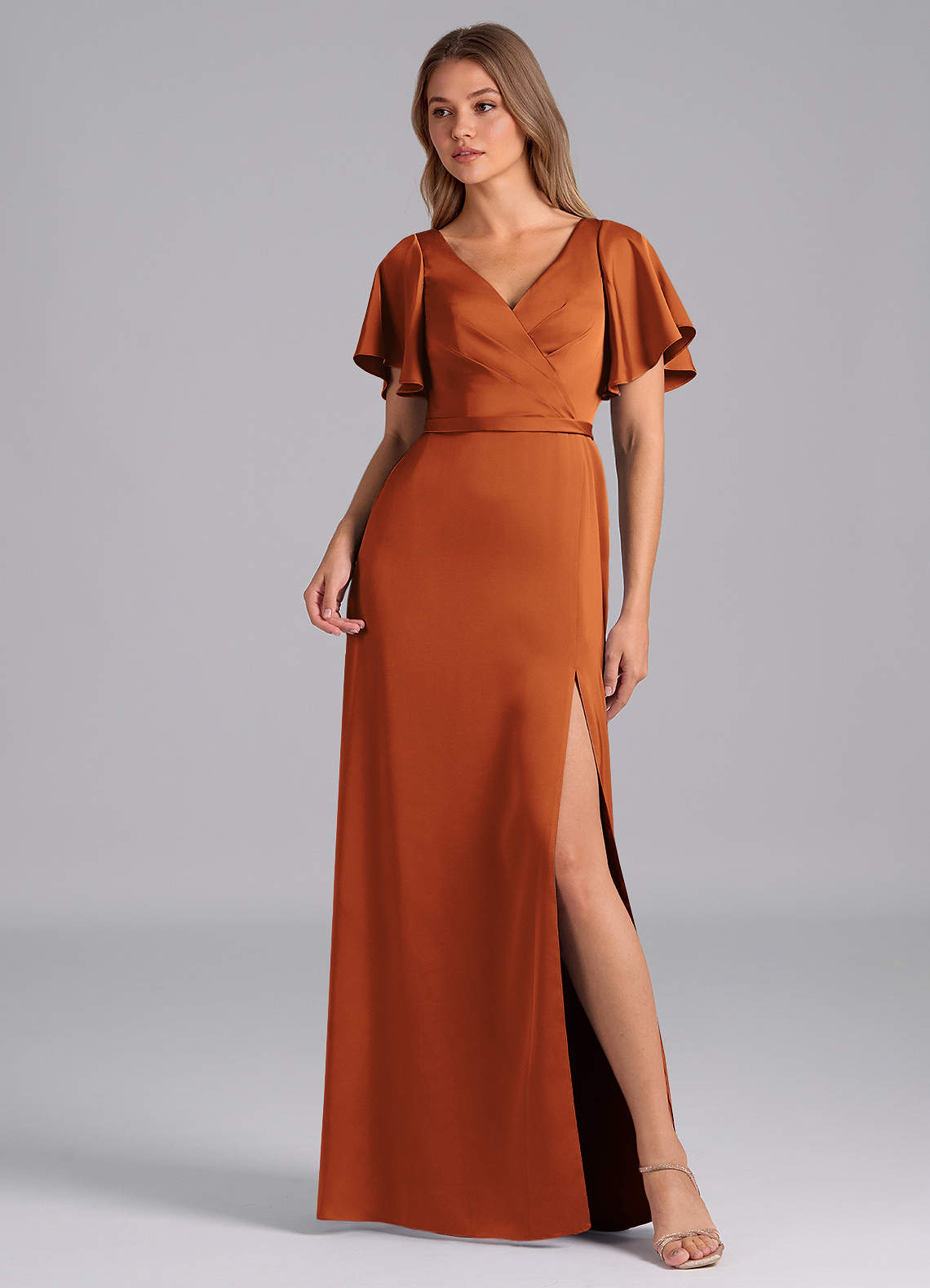 Azazie Ambrosia Bridesmaid Dresses Cinnamon A-Line Pleated Stretch Satin Dress image1