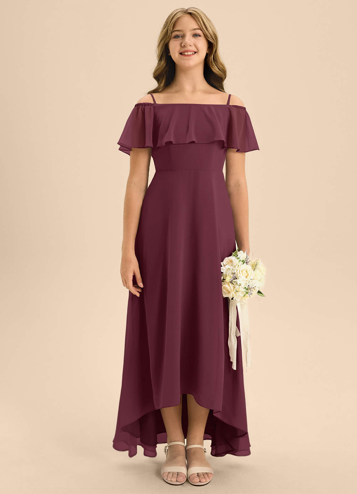Azazie Maggie Junior Cabernet A-Line Off the Shoulder Chiffon Dress image1