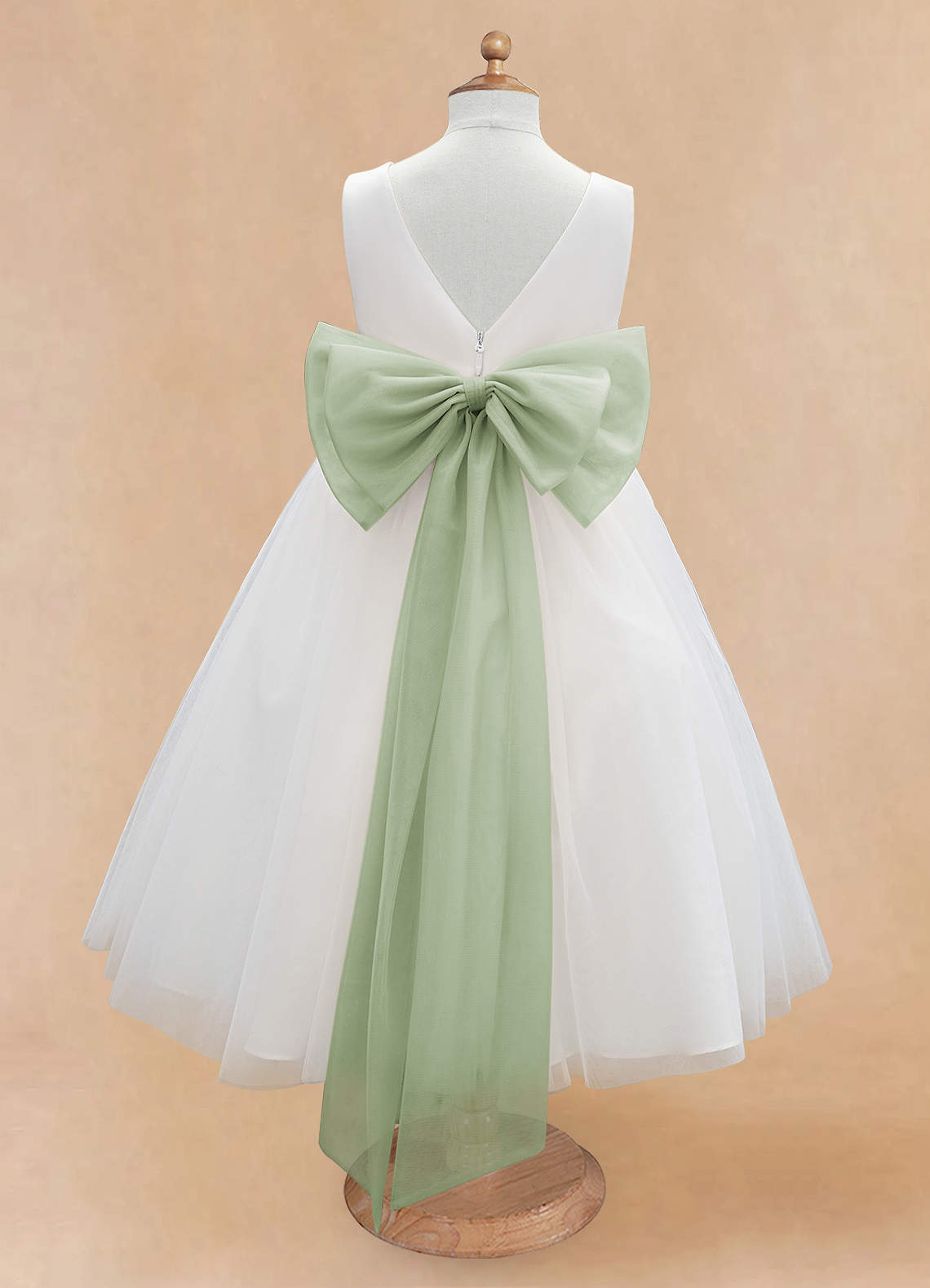 Azazie Kavi Flower Girl Dresses Ivory Dusty Sage A-Line Bow Matte Satin Dress image7