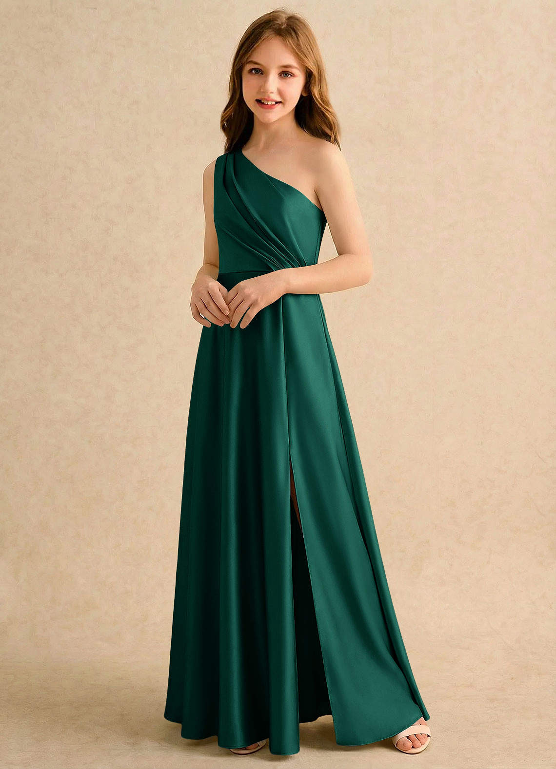 Azazie Puddles Girls Formal Flower Girl Dresses Emerald A-Line One Shoulder Stretch Satin Dress image3