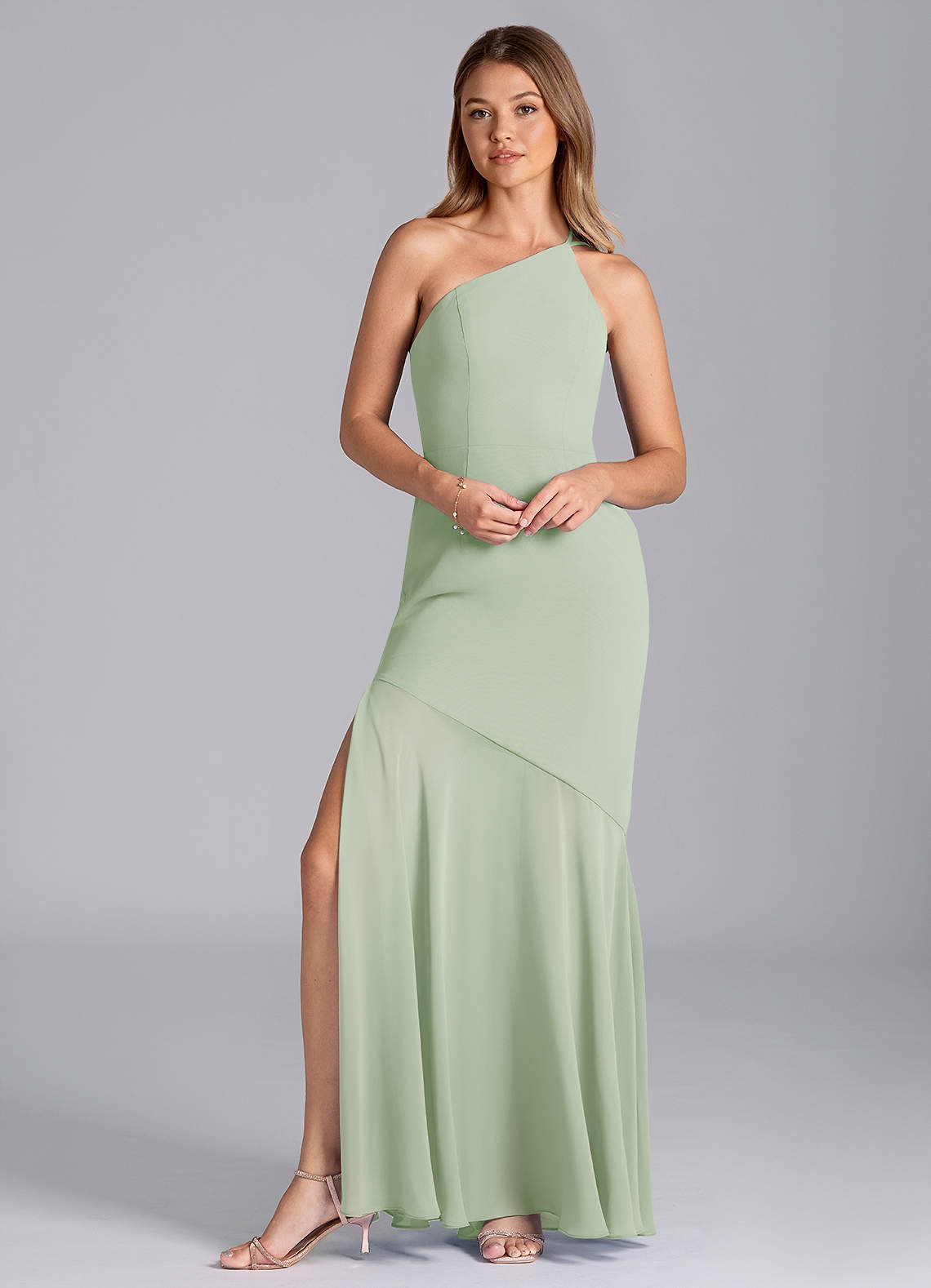 Azazie Tilla Vestidos de damas de honor Vestido de Salvia Polvorienta de Gasa de Corte Sirena con Hombro unilateral image1