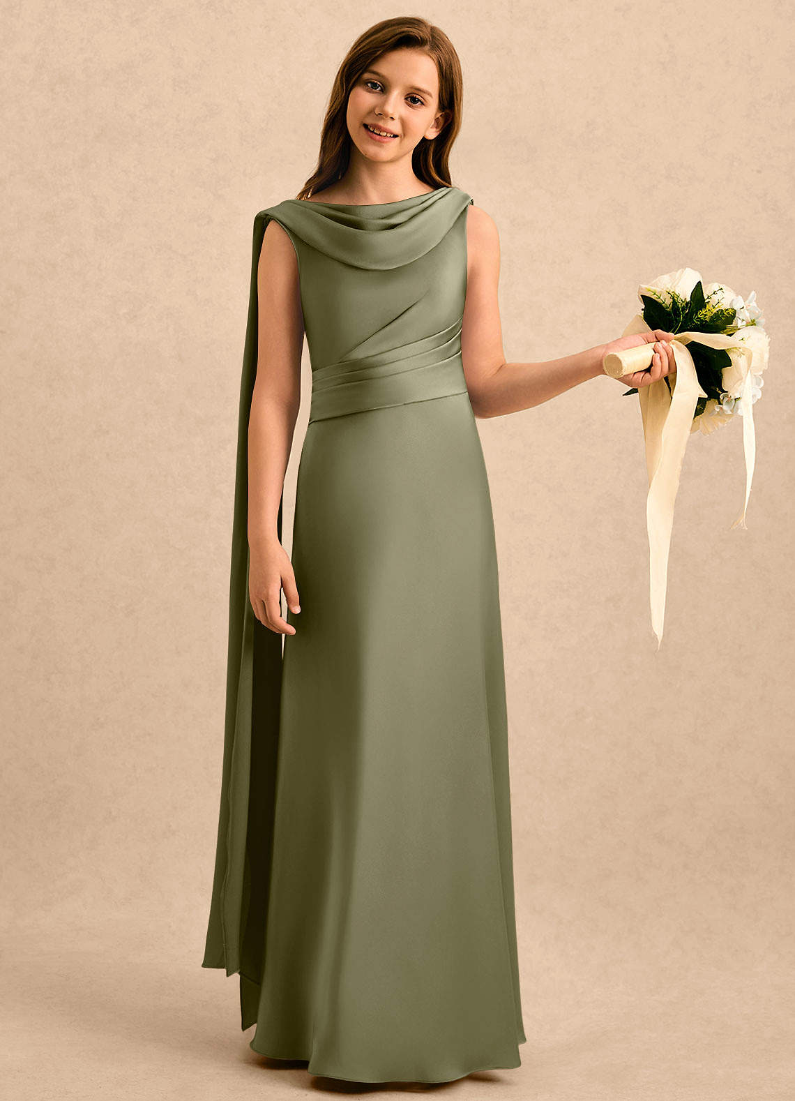 Azazie Sanah Girls Formal Flower Girl Klänningar Klänning A-Line i Stretch Satin Plisserad image2