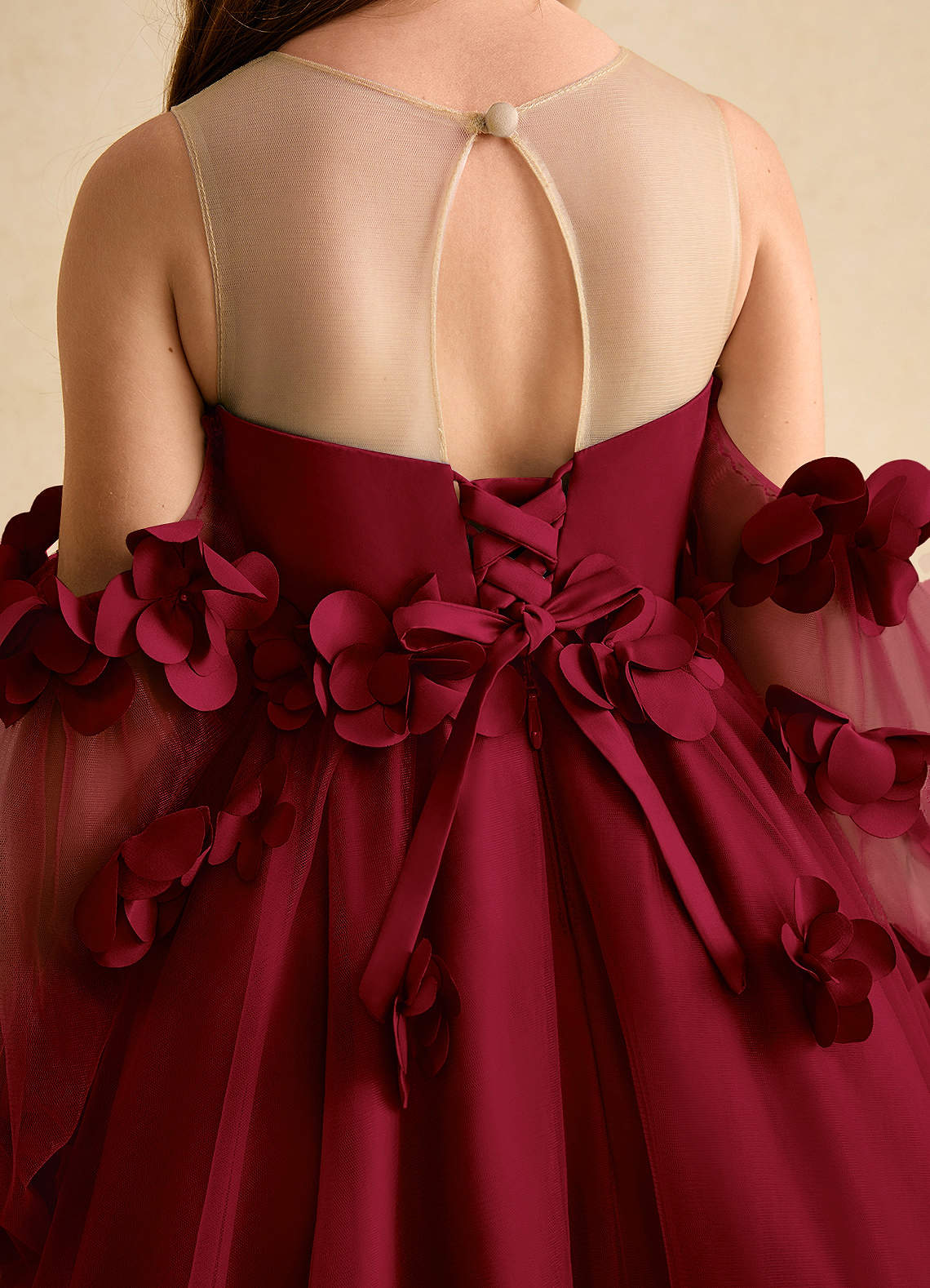 Azazie Karrie Flower Girl Dresses Burgundy A-Line with Sleeves Tulle Dress image7
