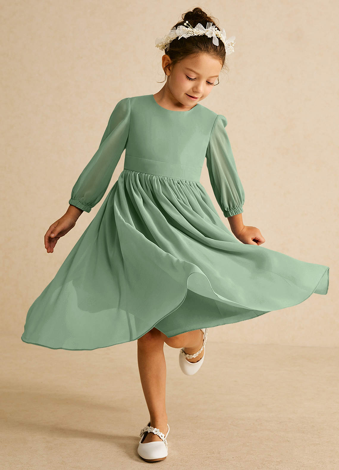Azazie Lolo Abiti da Ragazza di Fiori Abito A-Line in Chiffon Con Maniche Matcha image1