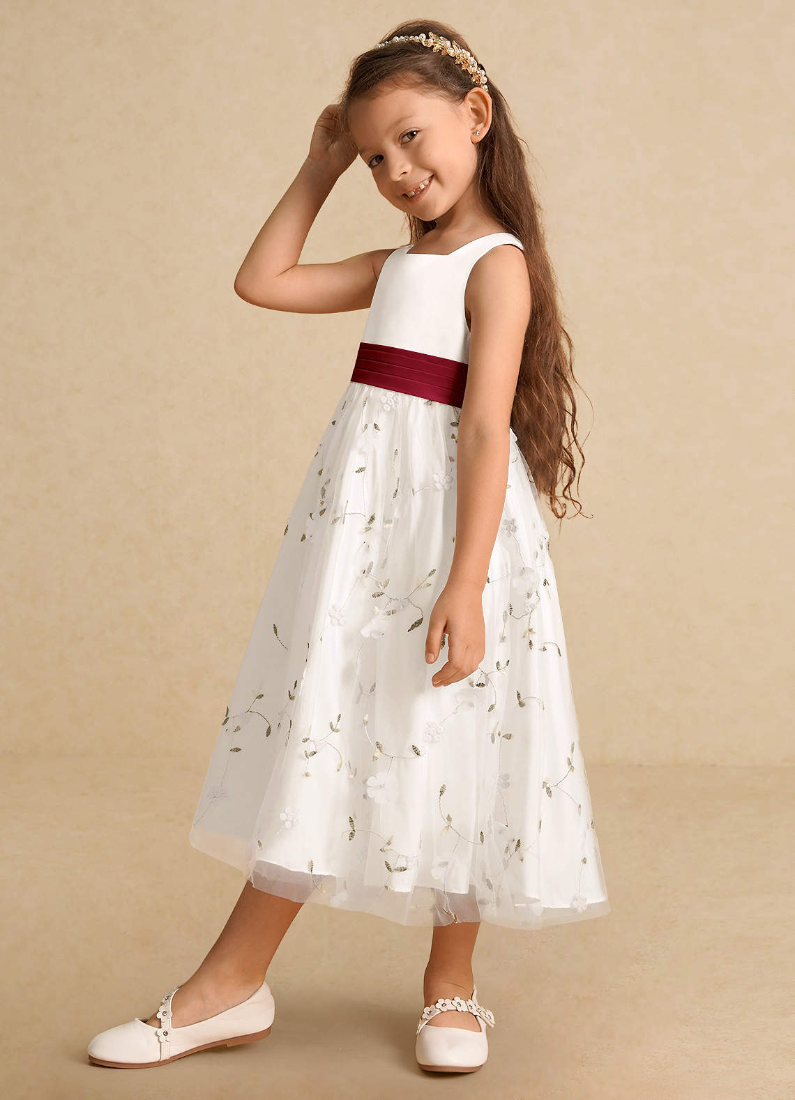 Azazie Pollie Flower Girl Dresses Ivory Burgundy A-Line Bow Tulle Dress image7
