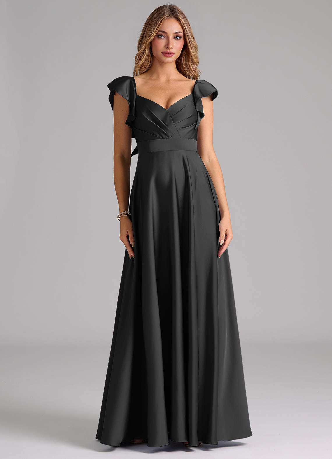 Azazie Leilani Bridesmaid Dresses Black A-Line Ruched Stretch Satin Dress image2