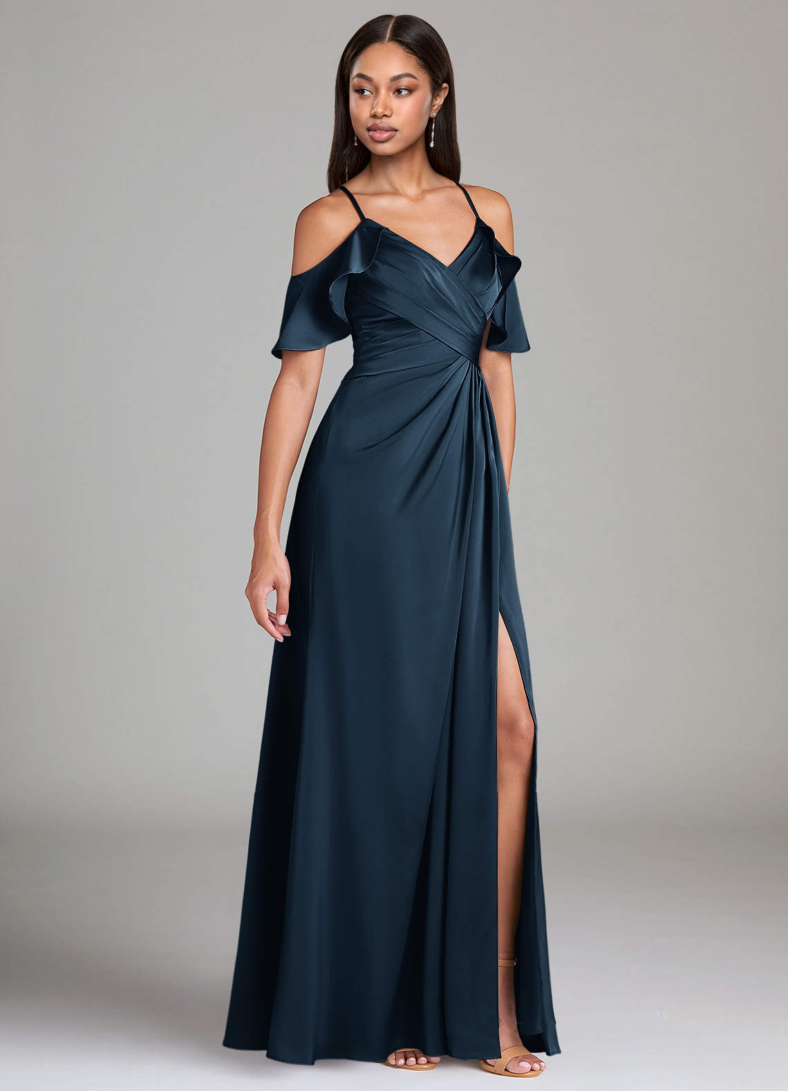 Azazie A-Line V-Neck Floor-Length Stretch Satin Bridesmaid Dresses