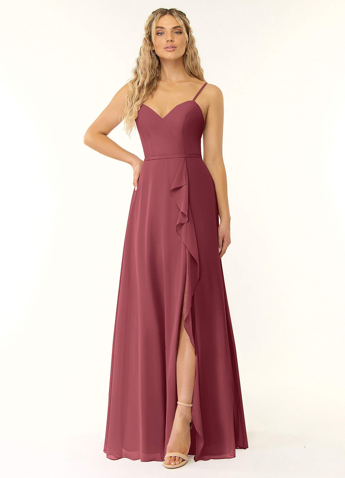 Azazie Naeem Brautjungfernkleider A-Linie V-Hals Rüsche Chiffon Kleid Merlot image1