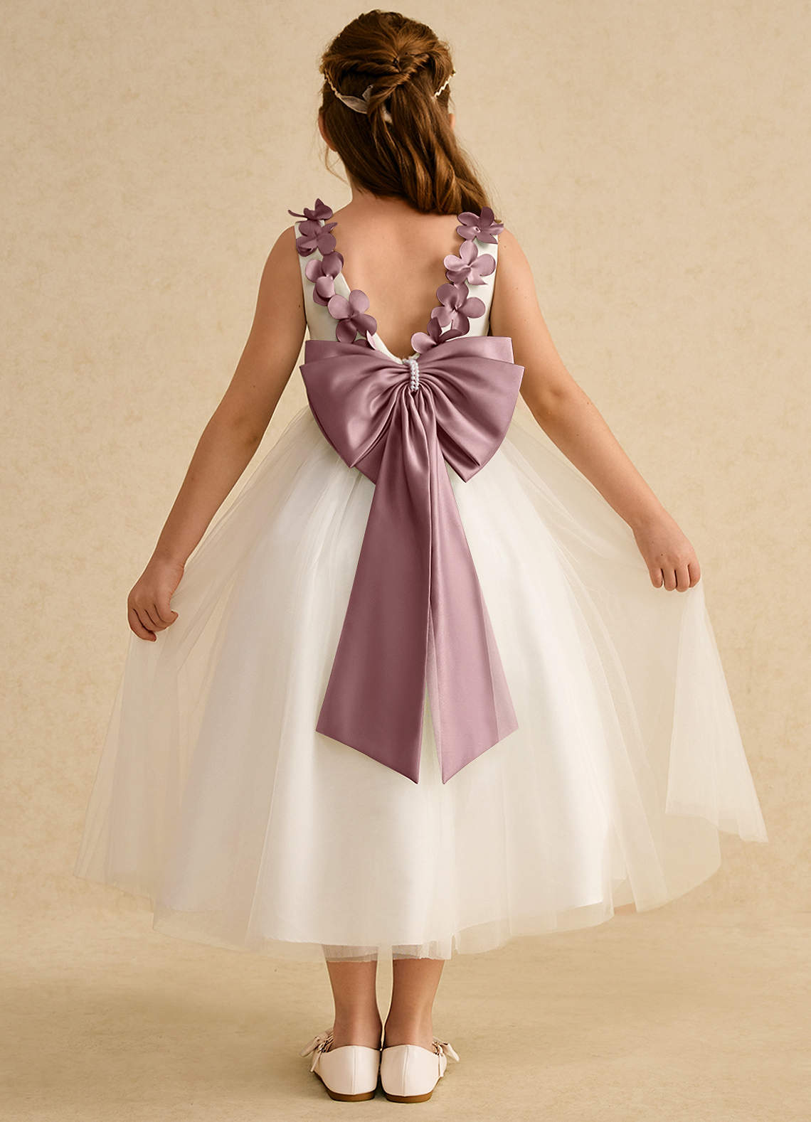 Azazie Lilli Robe Demoiselle D'honneur Fillette Robe Trapèze en Tulle Arc Ivoire Rose Poussiéreux image1